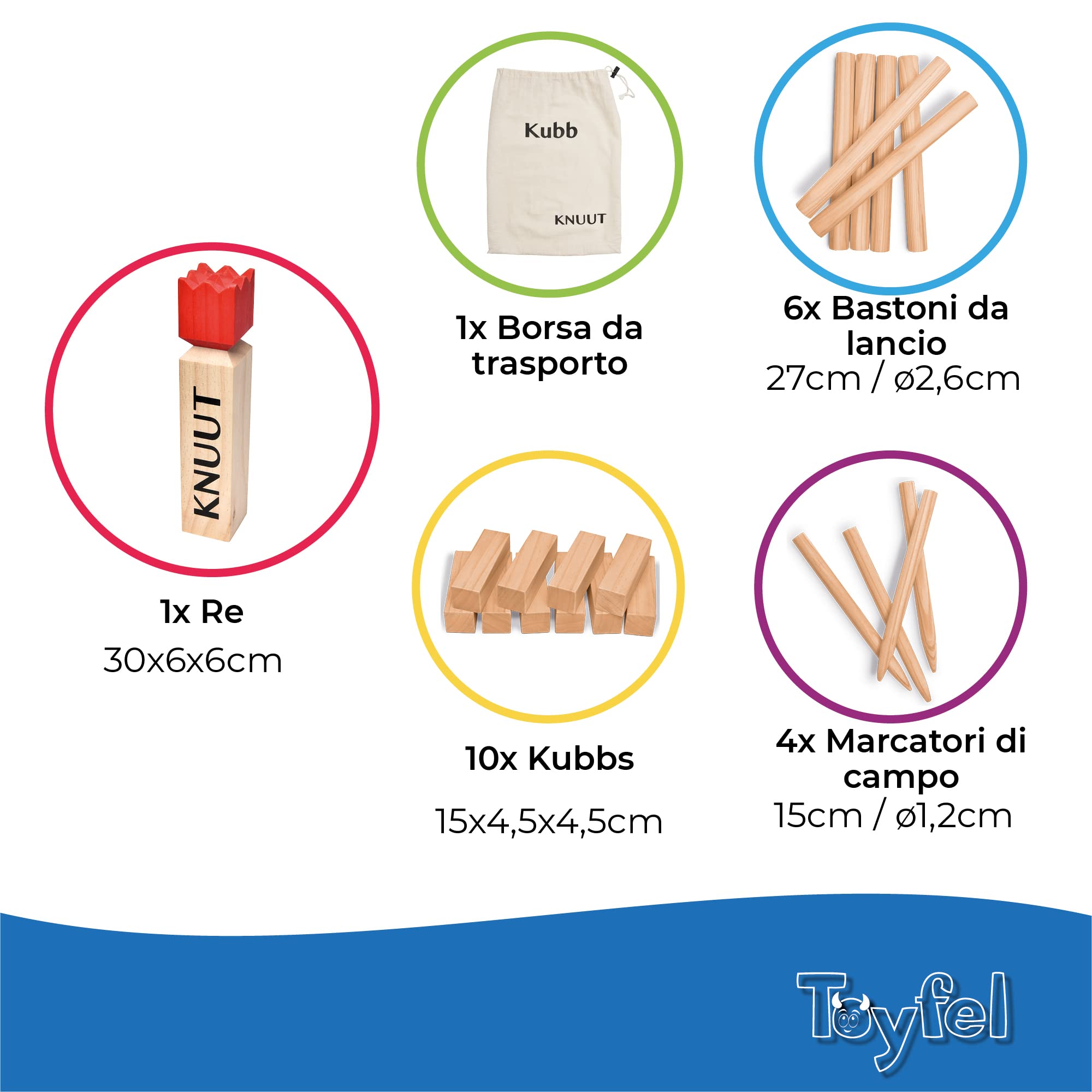 Toyfel KUBB Gioco degli Scacchi Vichingi Knuut - Scacchi svedesi Legno Naturale Certificato - Gioco di società all'aperto Adulti/Bambini - Gioco di Lancio Vichingo