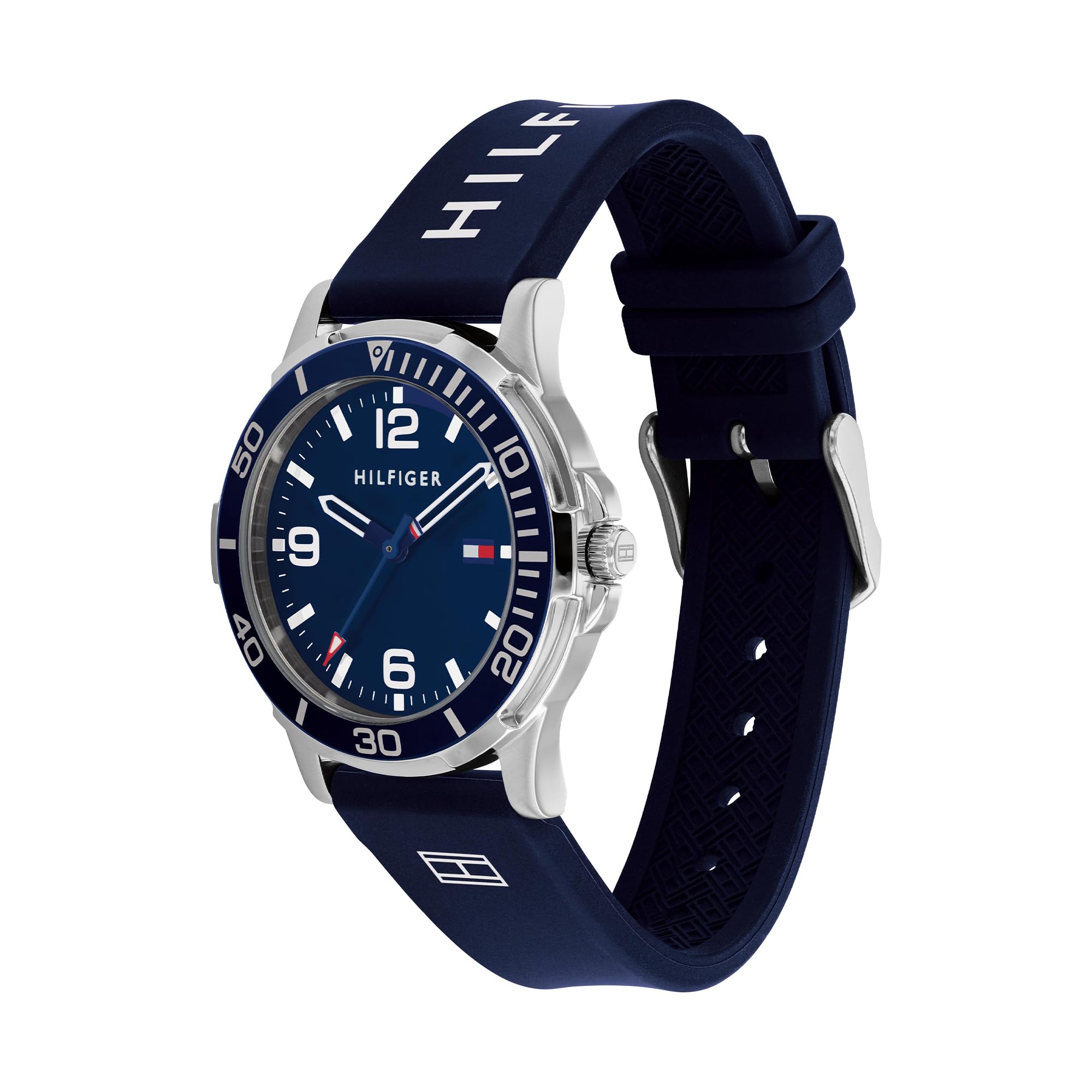 Tommy Hilfiger Reloj para Niño con Esfera Azul, Correa de Silicona Azul, Caja de Acero Inoxidable de 34mm, Bisel de Aluminio, Movimiento de Cuarzo de 3 Manecillas, Resistente al Agua 5 ATM - 1720016