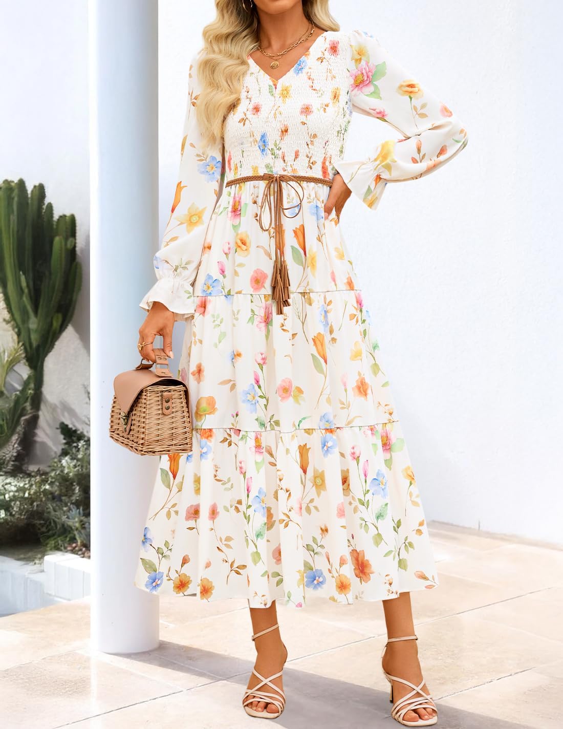 ZESICA Womens Floral Boho Maxi Dress 2026 Spring Summer Casual Long Sleeve V Neck A Line Flowy Wedding Guest Dresses - Image 4