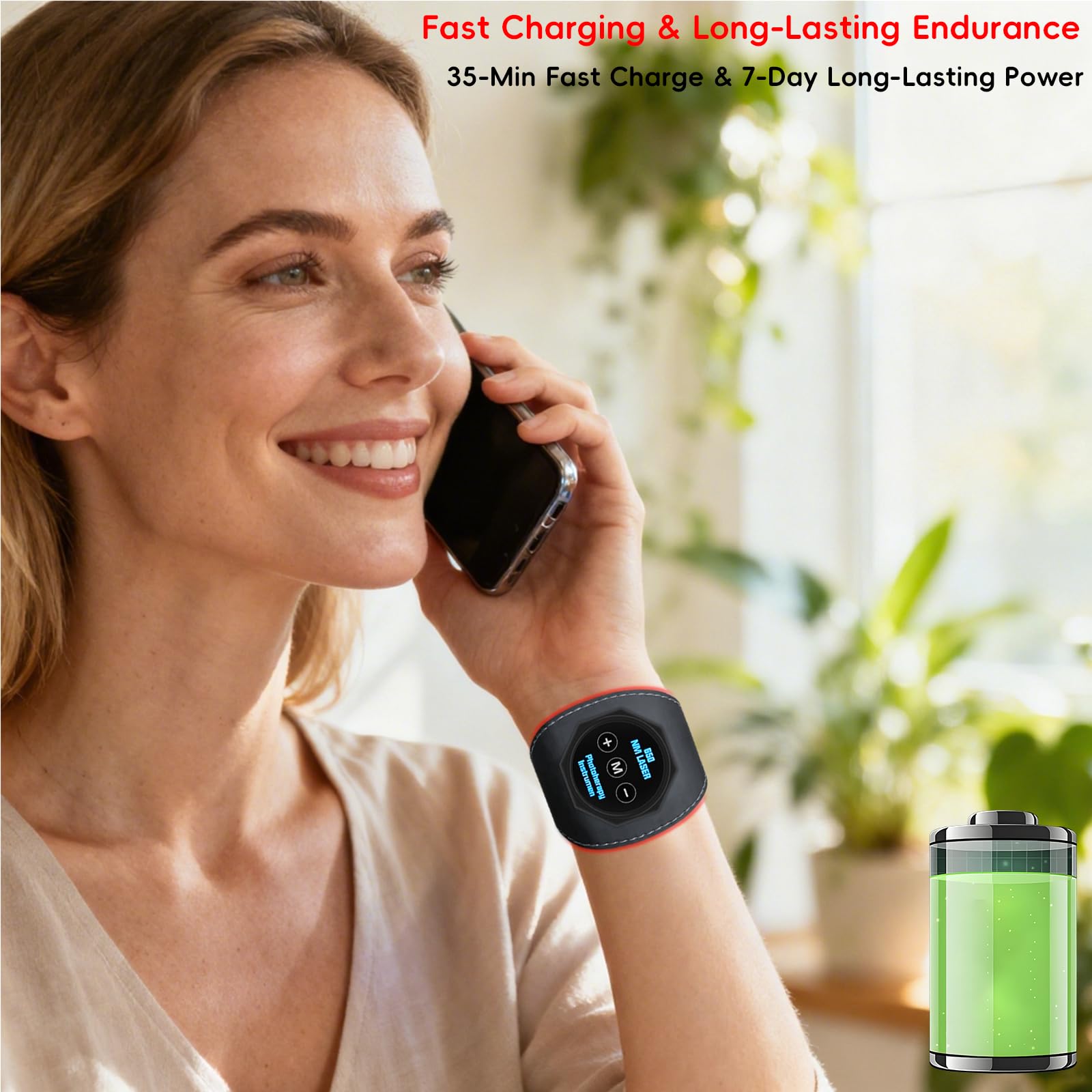 Terapia de luz roja para muñeca de mano, pulsera de luz visible de 650 nm con ajuste de 4 niveles, diseño portátil para padres mayores para aliviar la tensión muscular y el cuidado de las manos, uso