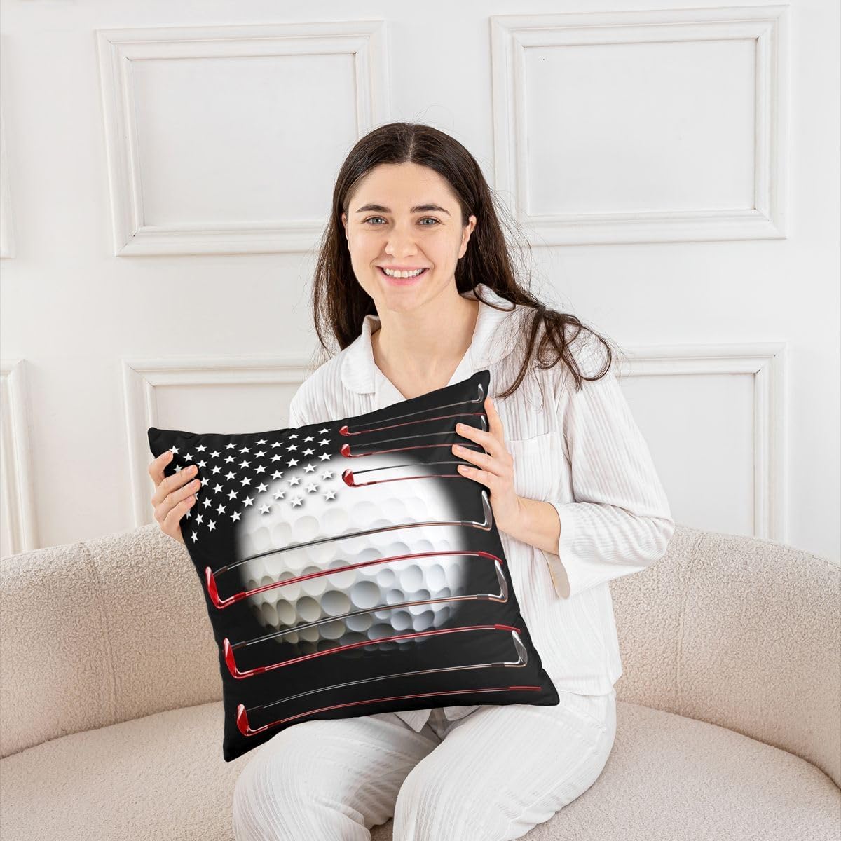 Erosebridal Pack of 4 Golf Pillow Covers for Men, American Flag Throw Pillow Covers 18x18 Inch Golf Shape Pattern Cushion Covers, Sports Games Stars Stripes Golf Decorative Pillow Covers, Black Red