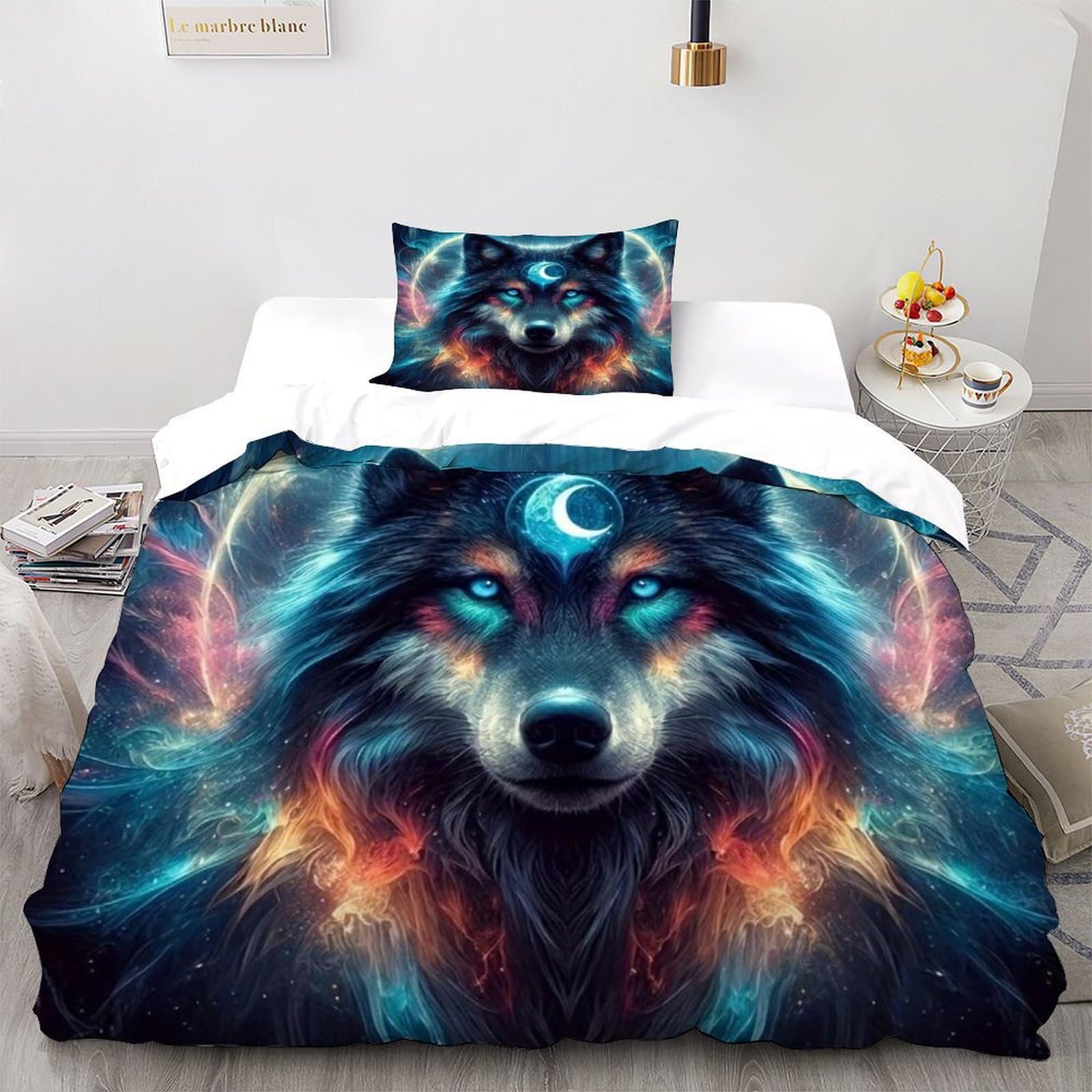 Housse de couette loup space theme 135x200cm avec taie d'oreiller pour lit single