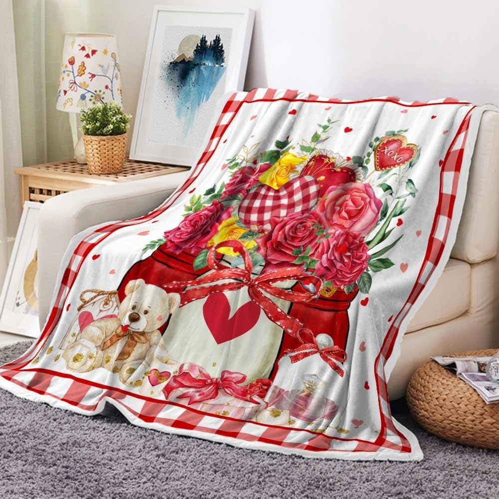 Coveimes Valentines Day Throw Blanket, Red Hearts Blankets Flannel Couch Blankets Girls Throws for Women White Valentines Day Gifts Girlfriend