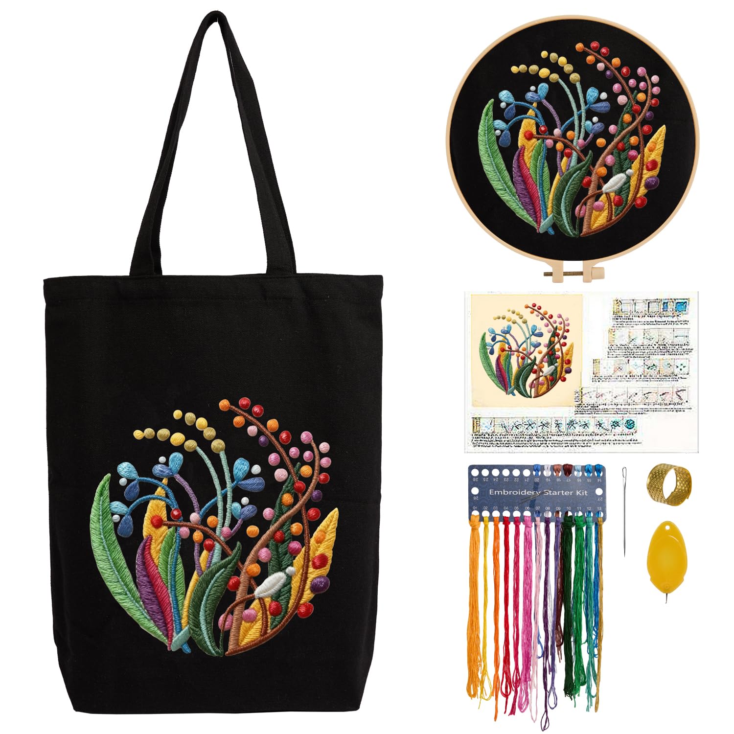 CREAWONDER Hand Embroidery Kits for Bag, Embroidery Kit Bag with Pattern for Beginners, Arts and DIY Embroidery Crafts Kits for Adults, Include Instructions, Embroidery Hoops, Color Threads and Tool