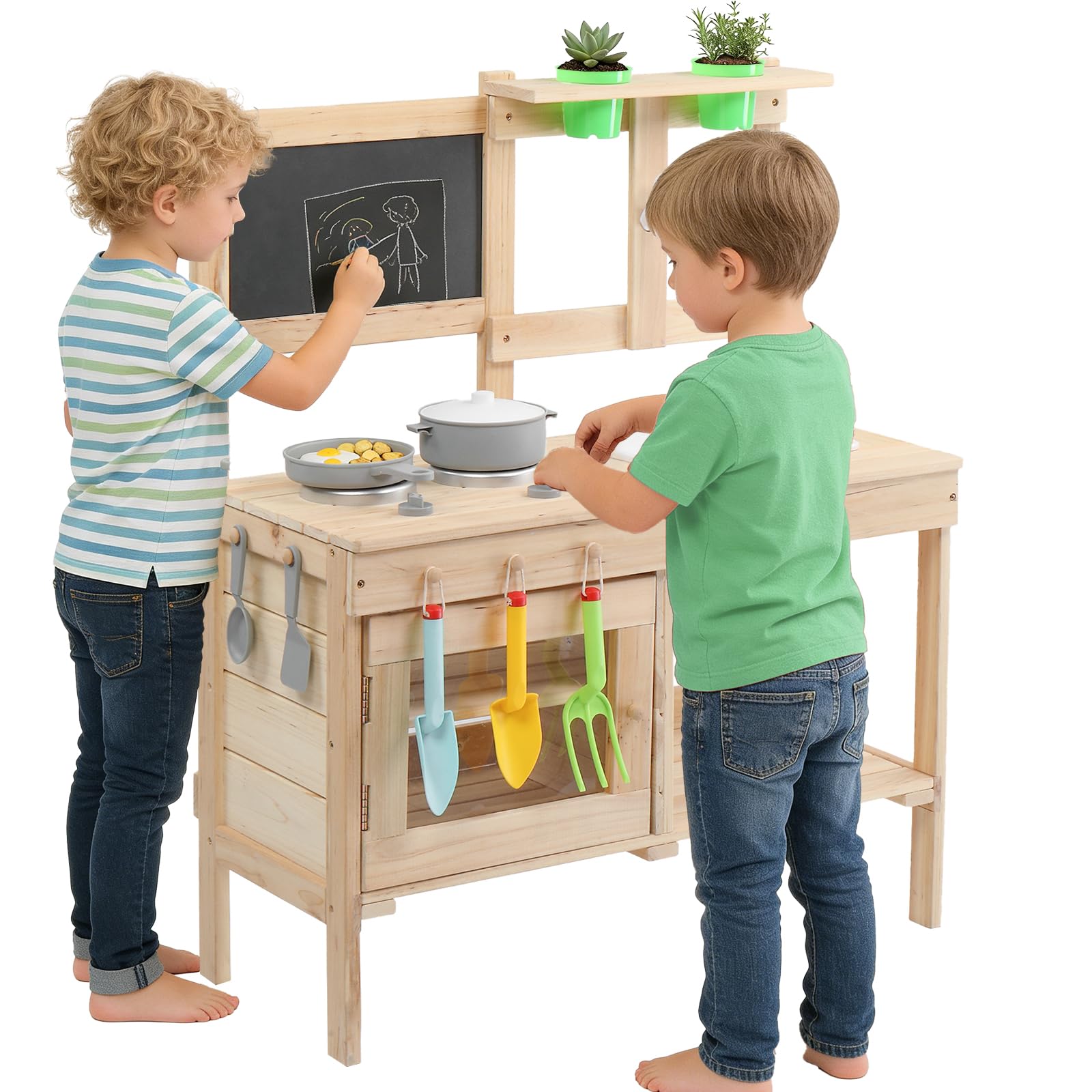 LEADZM Spielküche Gartenspielküche Matschküche Kinder Outdoor mit Spüle, Blumentopf, Wasserhahn, Kinderküche mit Herd und Tafel, geeignet für Kinder ab 6 Jahren, Naturholzfarbe