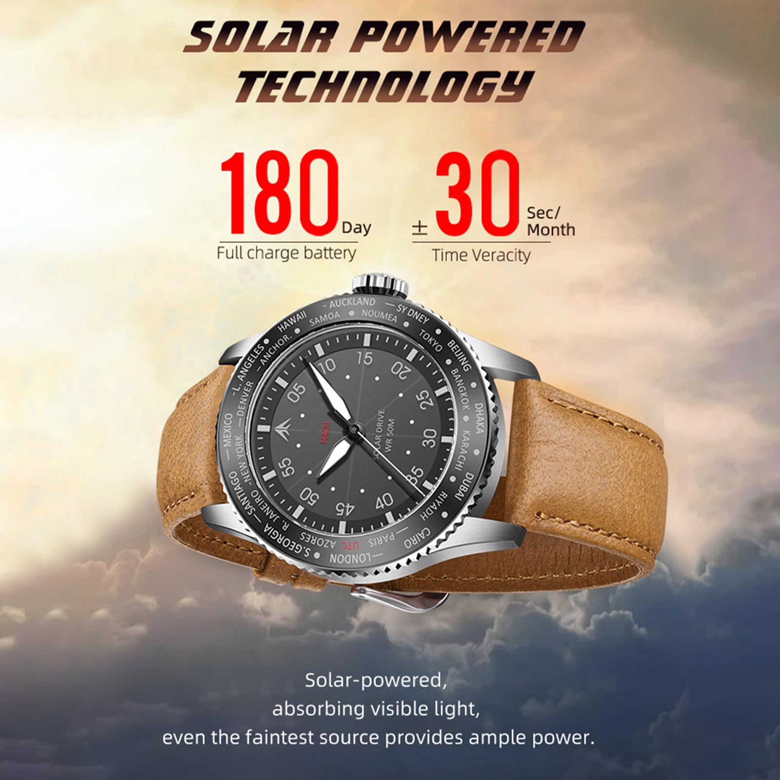 ZJchao Orologio da Pilota da Uomo Ad Energia Solare con Cronografo e Visione Notturna, Resistente all'Acqua Fino a 50 Metri, Batteria a Lunga Durata, Orologio per Sport all'Aria Aperta da