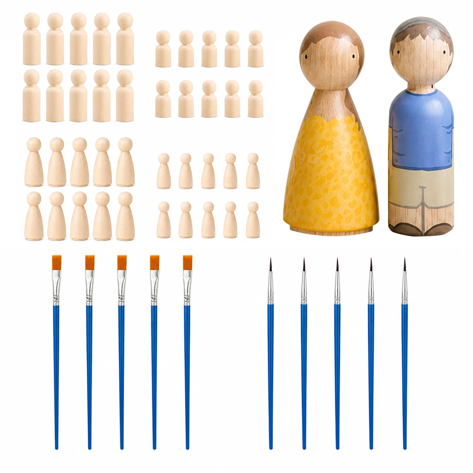40 Pcs Peg Dolls, Unfinished DIY Wooden Peg Dolls with 10 Pcs Brush