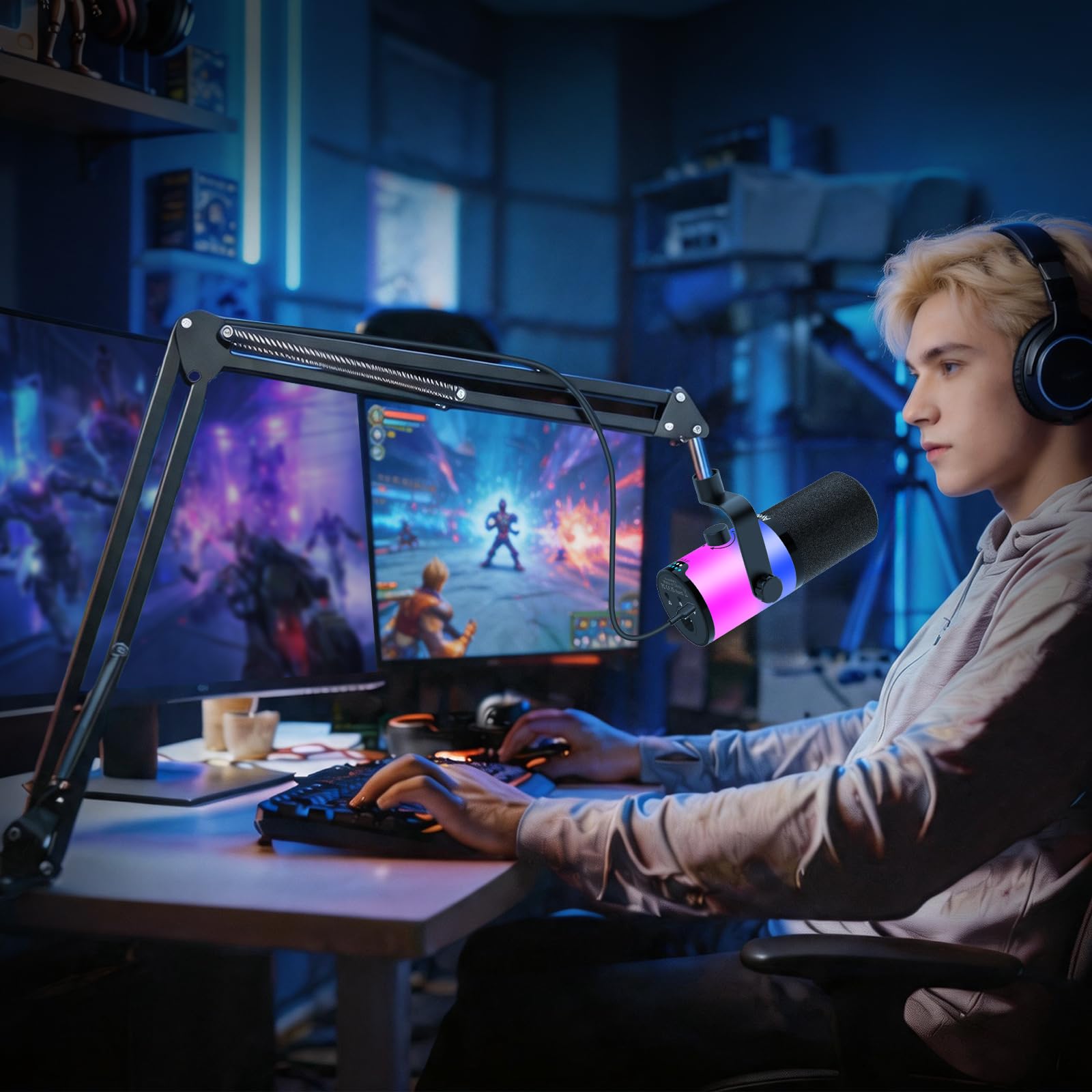 Aveek Microfono Dinamico USB/XLR con Braccio per Gaming & Streaming | Illuminazione RGB, Riduzione del Rumore, Mute One-Touch, Monitor Mix e Jack Cuffie per PC & PS5