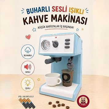 Oyuncak Buharlı Sesli Işıklı Kahve Makinesi Pilli Gerçekçi Su Akışlı Renk Değiştiren Bardaklı Mini Barista Seti (Mavi)