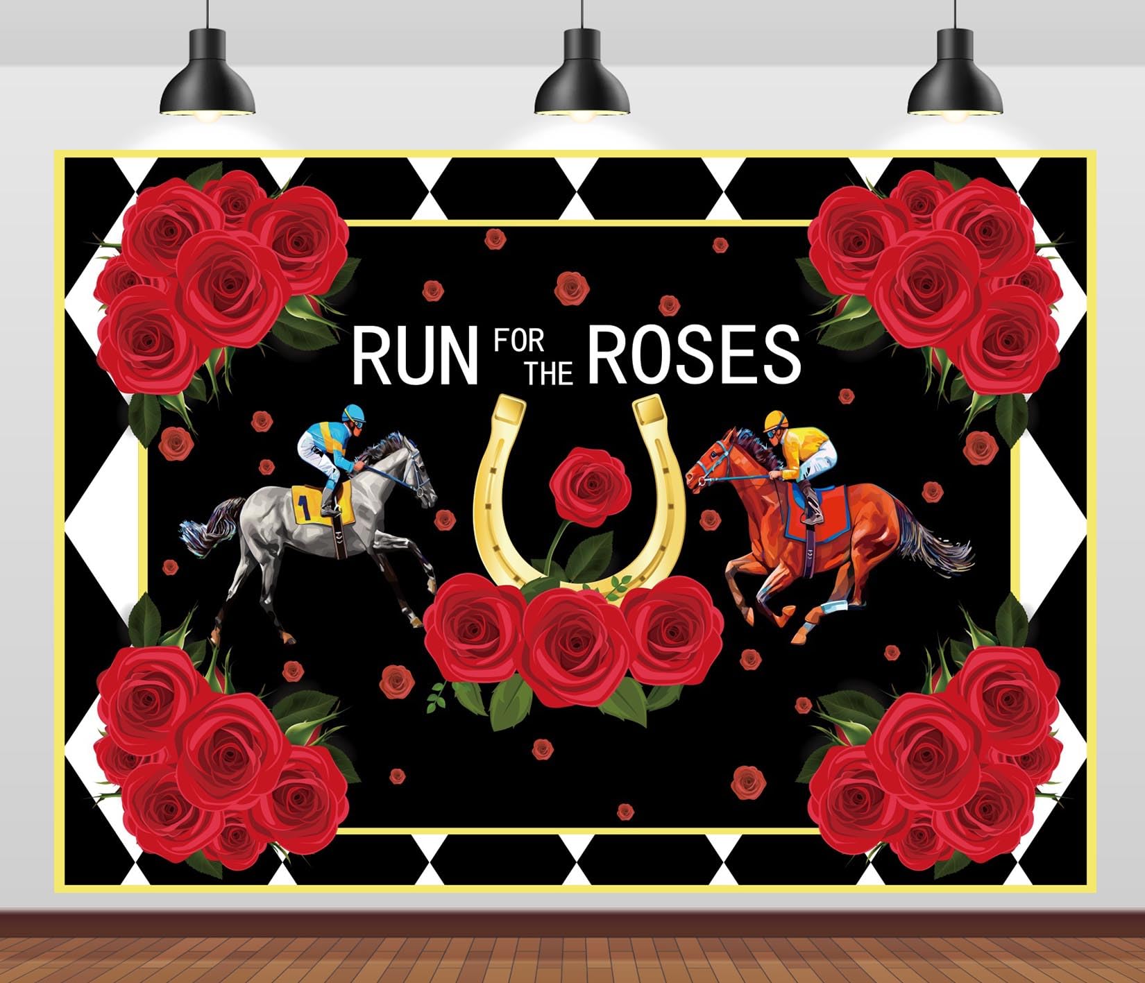 BELECO 5x4ft Fabric Run for The Roses Backdrop Derby Horse Racing Party Decorations Backdrop Horse Race Party Decor Banner Photo Booth Shoot Studio