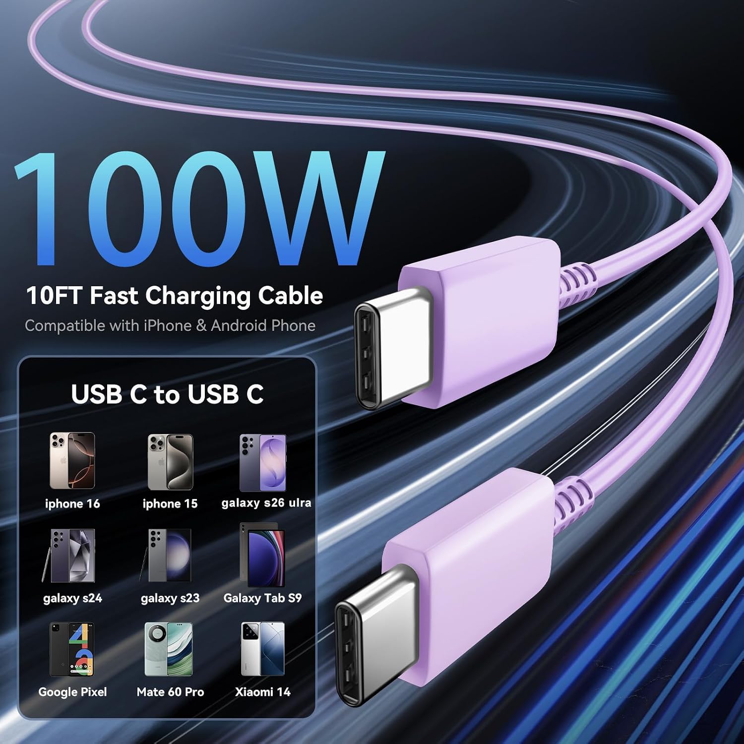 Super Fast Charger Type C 60W USB C Fast Charger Block with 10FT Extra Long Type-C Charging Cord-Super Fast Charging 3.0 for Samsung Galaxy S26 Ultra/S26/S26+/S25 /S24/S23 Ultra-Light Purple image 5