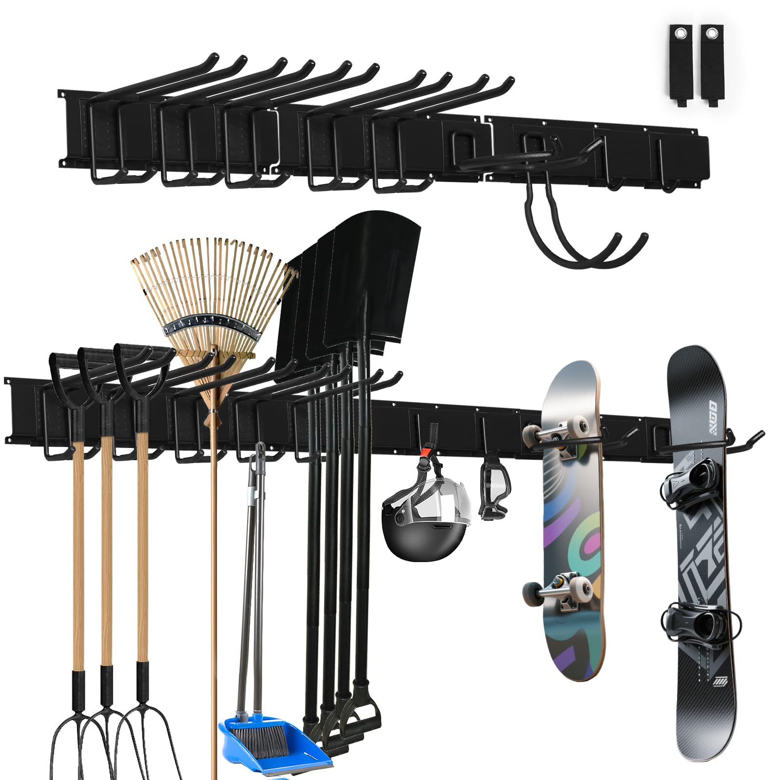 Soporte para escobas de pared, garaje o pared, estante de almacenamiento, robusto soporte de acero inoxidable con varios ganchos (122 cm, 3 paneles y 9 ganchos)