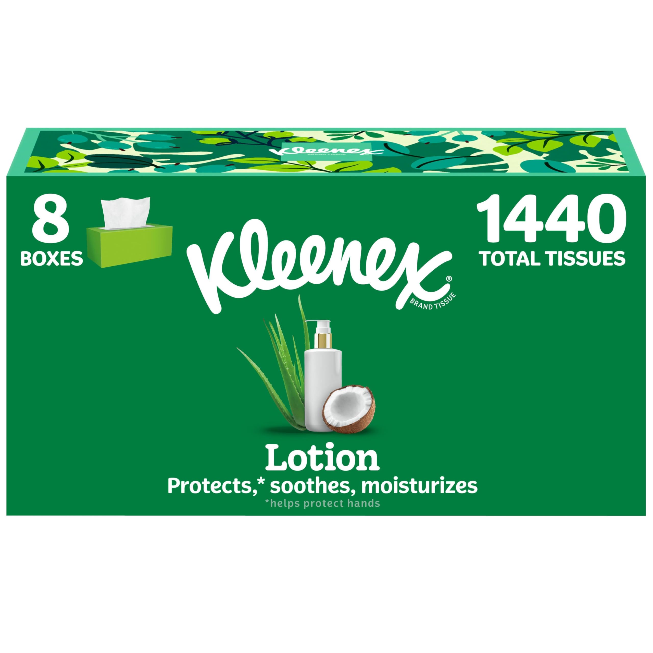 Kleenex Lotion Facial Tissues with Coconut Oil 8 Flat Boxes 180 Tissues Per Box 3-Ply