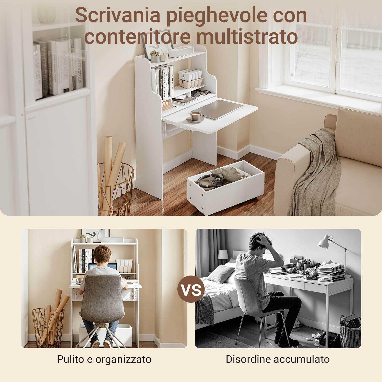 SoBuy Scrivania Pieghevole a Muro Scrivania Salvaspazio Richiudibile con Scatola Portaoggetti con Ruote Tavolo Pieghevole Bianco 64x63x100,6 cm FWT105-II-W