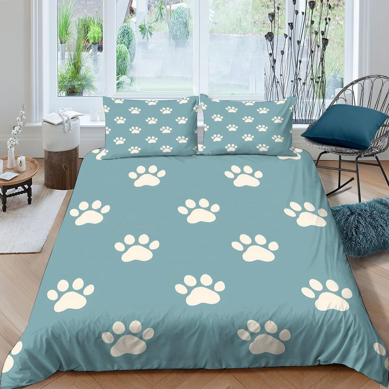 Ctjqhvkz Style-4 3D Printed Blue Paw Pattern Fitted Sheet Microfiber Non-Slip Soft Bed Cover For Bedroom Guestroom Decor Protection Easy Care Single（135X200cm）