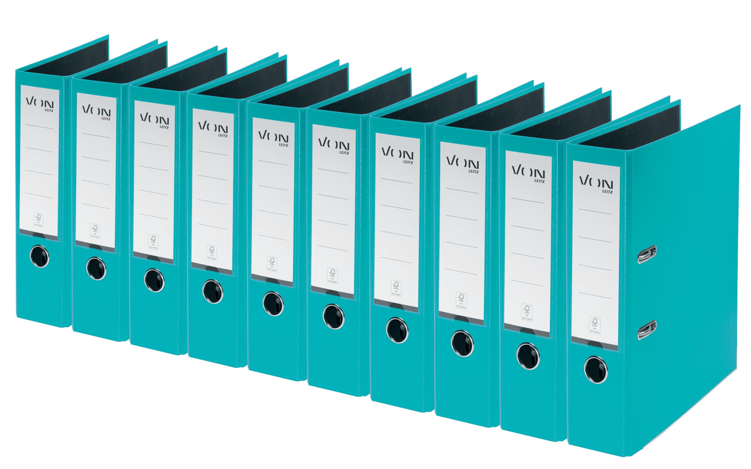 VON Leitz A4 Binder, Pack of 10, Cardboard with Plastic Cover, 80 mm Spine Width, for 600 Sheets, Blue Angel and FSC Certified for School, Study and Home, Turquoise, 10550052 — image 1