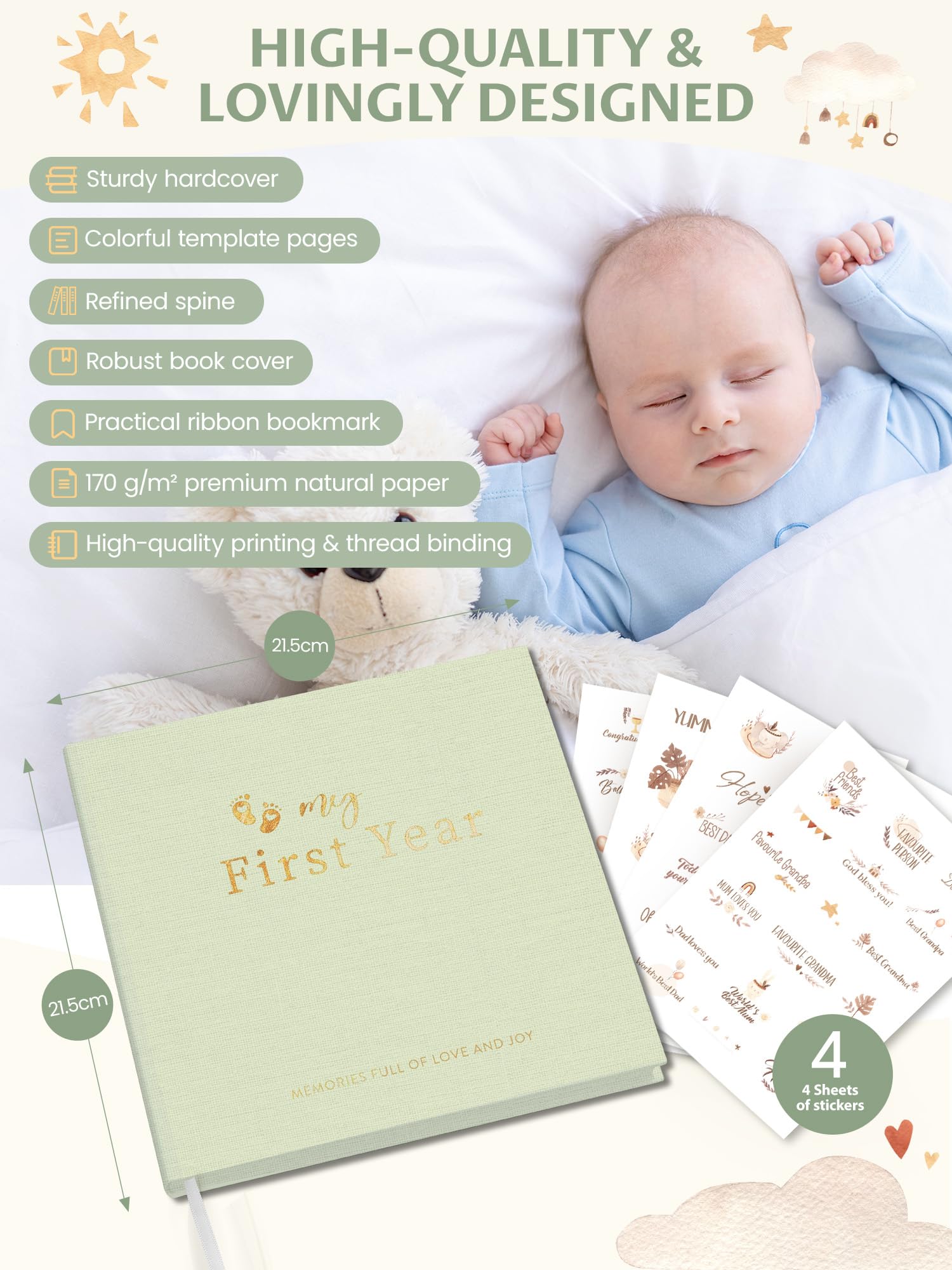My First Year Baby Memory Book, Keepsake Journal for Boys & Girls, 84 Pages with Stickers, Capture Milestones, Photos - Image 2