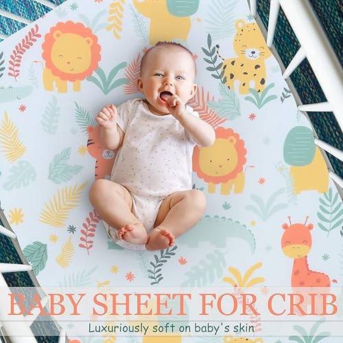 Miniatura 2 de Cloele Sábana bajera ajustable para cuna de animales, 100% poliéster, 1 paquete de sábana de cuna de león para colchones estándar de cuna y niños