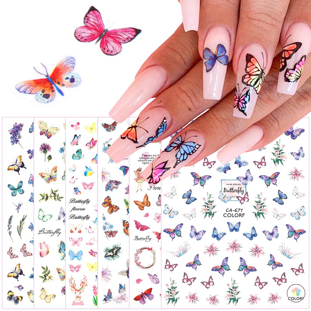 3D Butterfly Nail Art Stickers Flowers Butterfly Nail Decals Colorful Butterflies Nails Supply Design Self-Adhesive Nail Stickers for Women Girls DIY Manicure Nail Art Decoration Charms (6 Sheets)