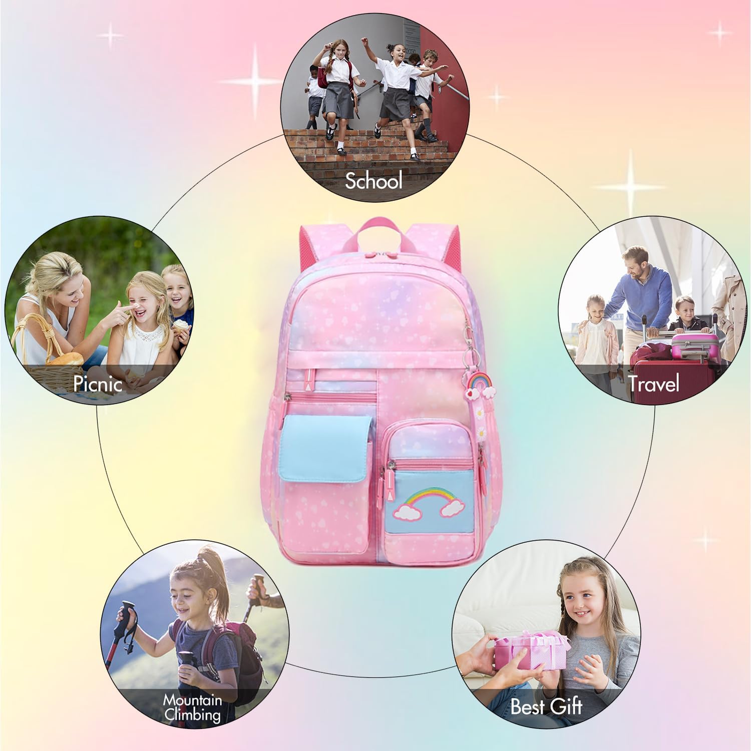 School Backpack for Girls Rainbow Cute Kids Backpack for Back to School Laptop Travel Bag With pencil Case (Pink set) - Image 7
