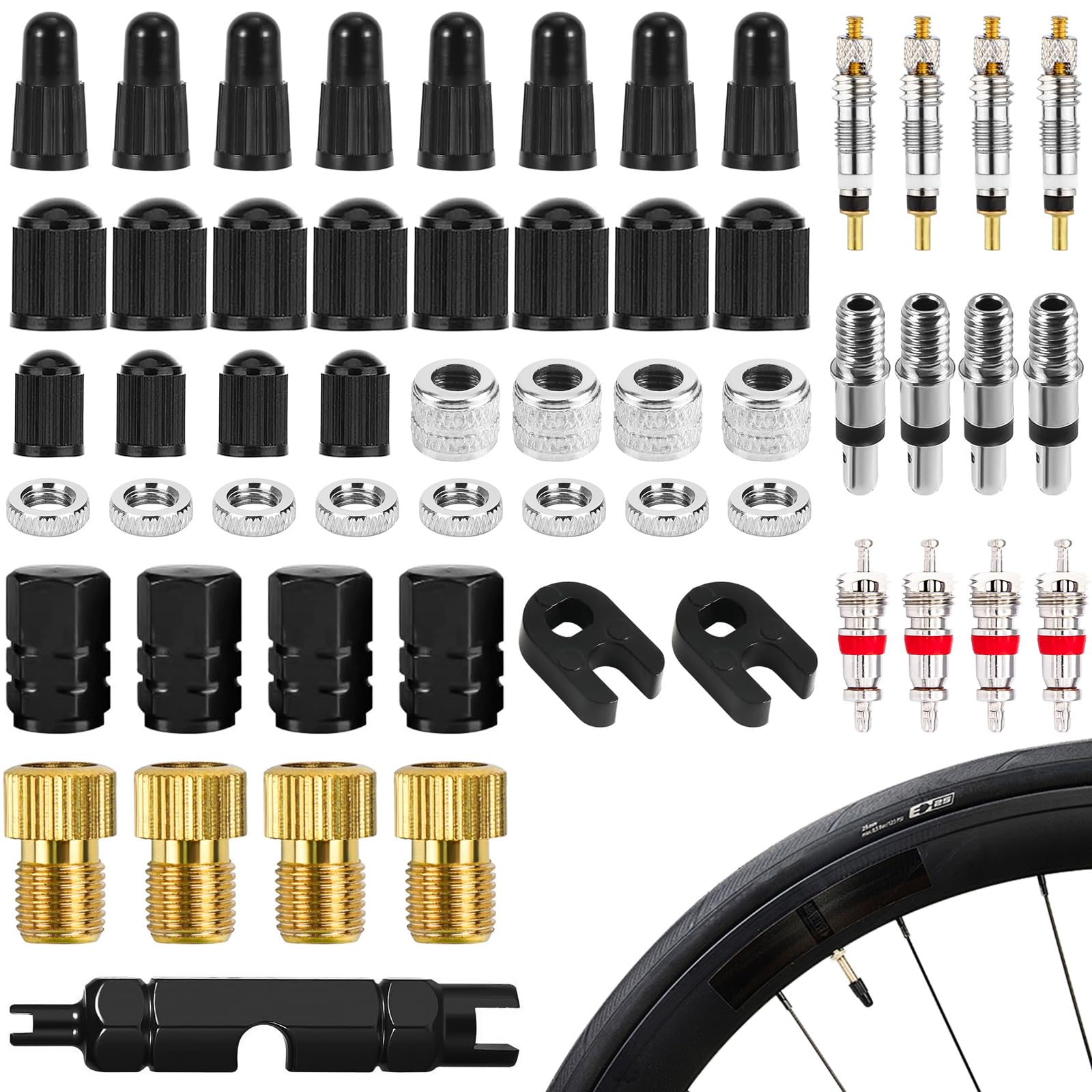Fahrradventil Französisches Ventil Adapter Ventilkappen Fahrrad Ventile 55 Stück Presta Ventil Adapter Set Ventilausdreher Autoventil Kappe Ventileinsatz Ventiladapter für Fahrrad MTB e Bike