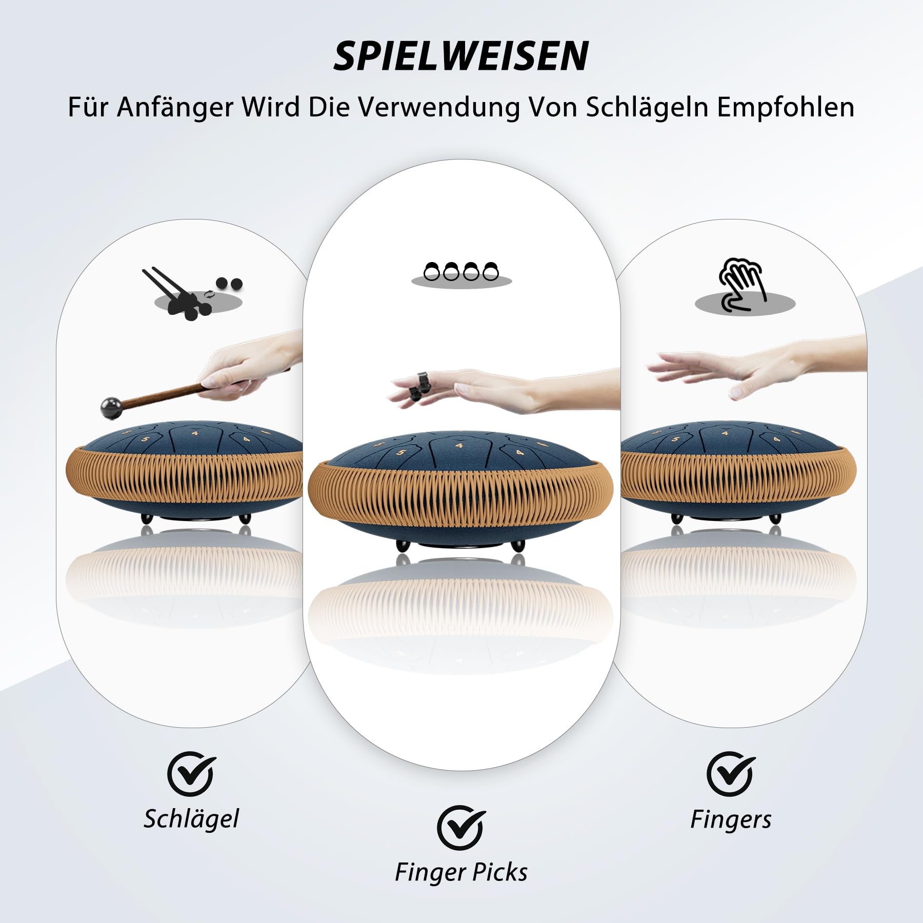 Stahl-Zungentrommel, 33 cm, 15 Töne Zungentrommeln, C-Dur Trommel Perkussionsinstrumente, Handpan-Trommeln mit Musikbuch, Trommelschlägel und Tragetasche (Marineblau)