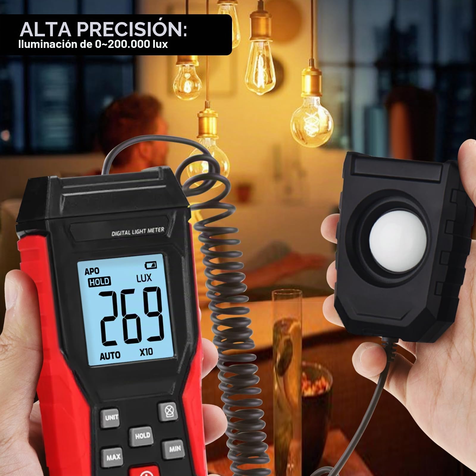 Medidor de Luz/Lux Digital de Mano con Sensor de Luz, Rango de 200,000 Lux, Iluminancia para Plantas de Interior y Exterior
