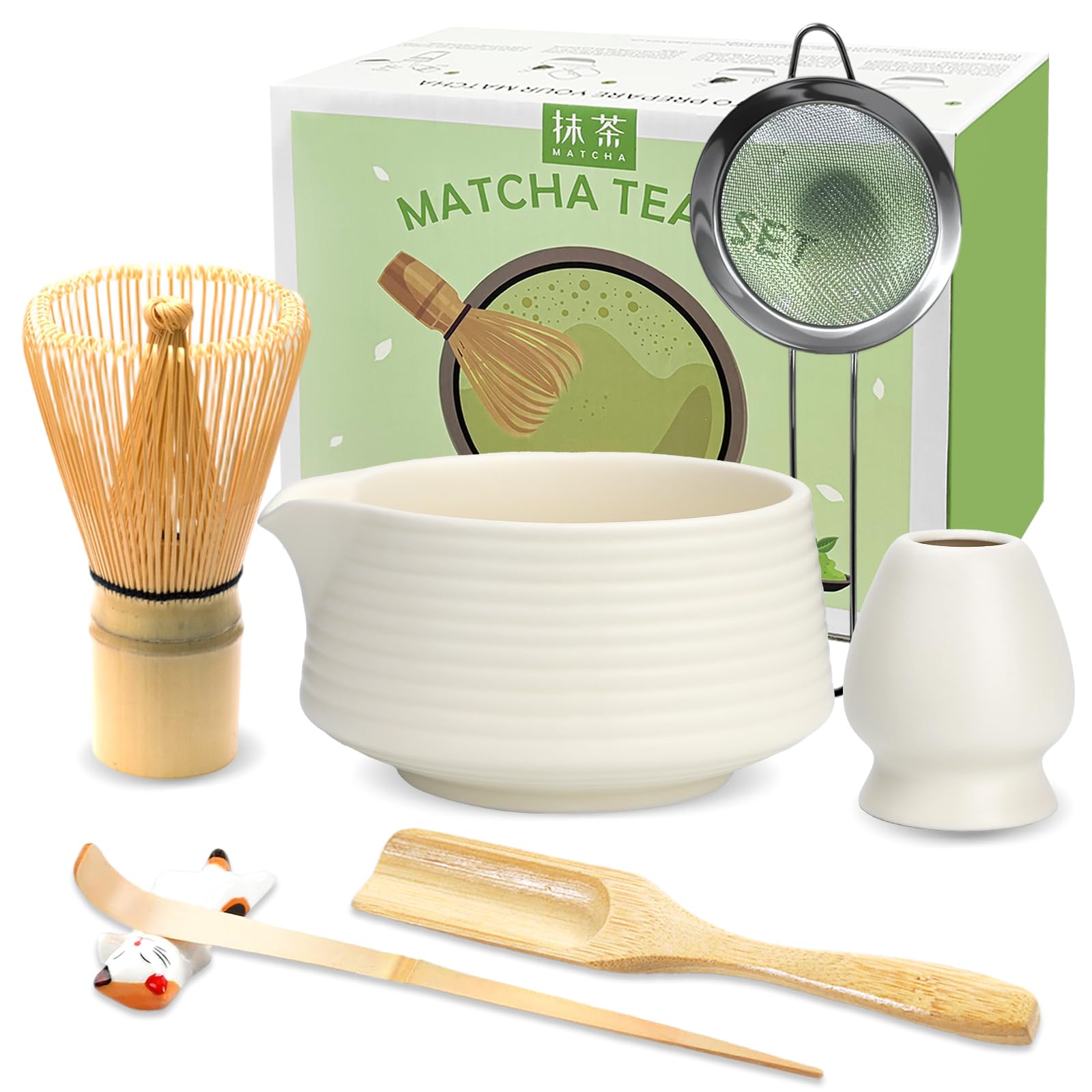JBER Matcha Besen Set, Matcha Set 7-Teiliges - Bambus Matcha Whisk, Matcha Schale mit Auslauf, Matcha Besen Halter, Sieb, Löffel und Halter, Japanisches Matcha Zubehör für Matcha-Liebhaber, Beige Weiß