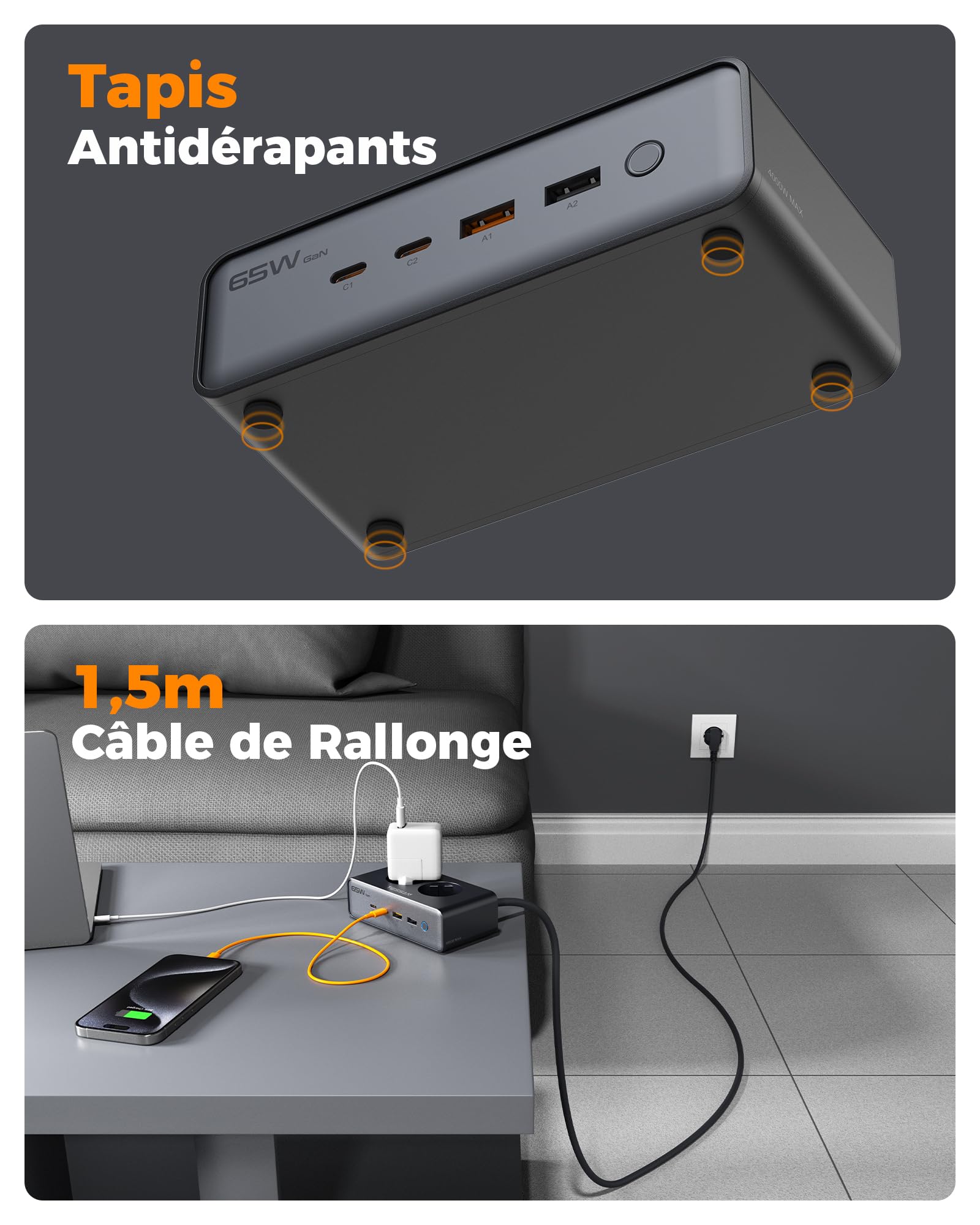 TESSAN Chargeur USB C, 6-en-1 Prise USB C avec 2 Prises CA, GaN PD 65W Station de Charge Rapide avec Interrupteur, Chargeur Multiple avec câble de Prolongation de 1,5 m pour Le Bureau et Les Voyages