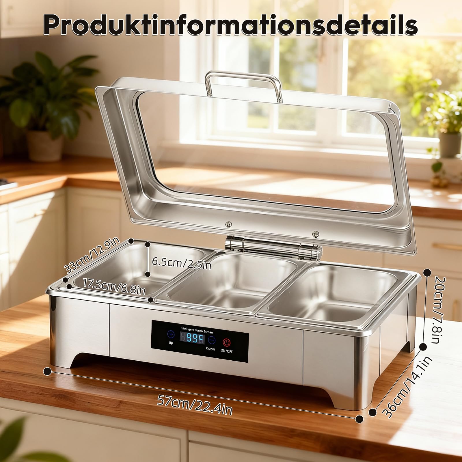 Chafing Dish, scaldabagno elettrico in acciaio inox da 9 l, temperatura regolabile, contenitore elettrico con coperchio in vetro visibile per buffet e banchetti, 1/3 Pan