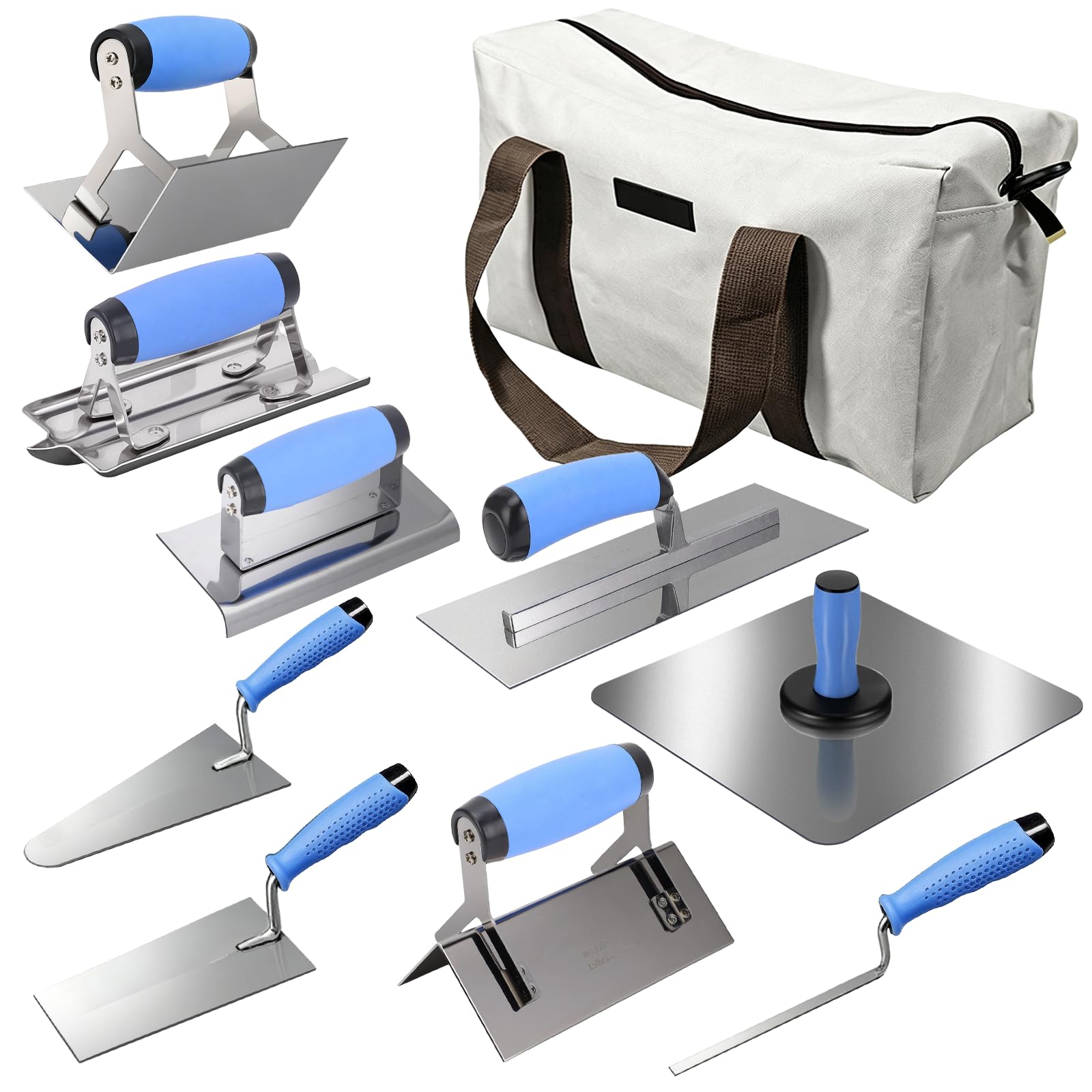 10 PCS Concrete Trowel Set, Stainless Steel Plastering Trowel Kit with Soft Grip, Pointing Trowel, Edging Tool, Corner Trowel, Plastering Hawk, Storage Bag for Masonry & Stucco Repair