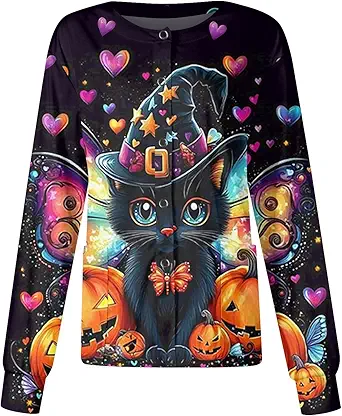 Printed Scrub Jackets for Woman Print Long Sleeve Plus Size Womens Scrubs for Women Nursing Jacket with Pockets