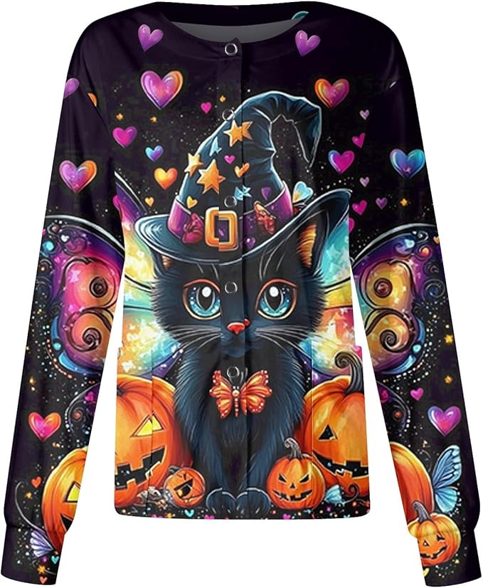 Printed Scrub Jackets for Woman Print Long Sleeve Plus Size Womens Scrubs for Women Nursing Jacket with Pockets
