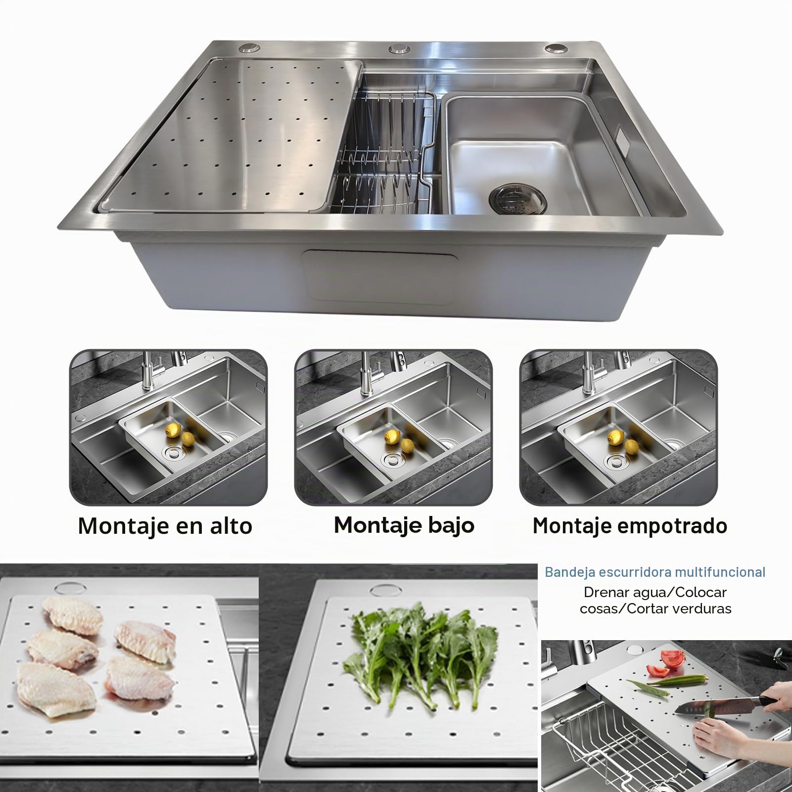 80x50CM Fregadero de cocina negro de acero inoxidable 304SUS, fregadero empotrable de 1 seno, fregadero de cocina de acero inoxidable rectangular, con escurridor, kit de desagüe y kit de