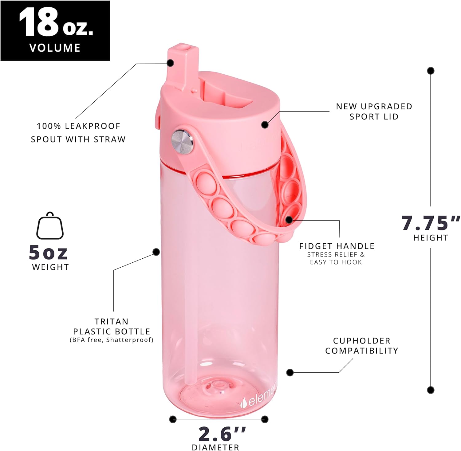 Elemental Water Bottles for Kids - Splash Kids Water Bottle for School with Pop-it Handle - BPA Free Tritan Plastic Water Bottle with Straw Leak Proof when Spout is Closed - Pink- 18oz - Image 2