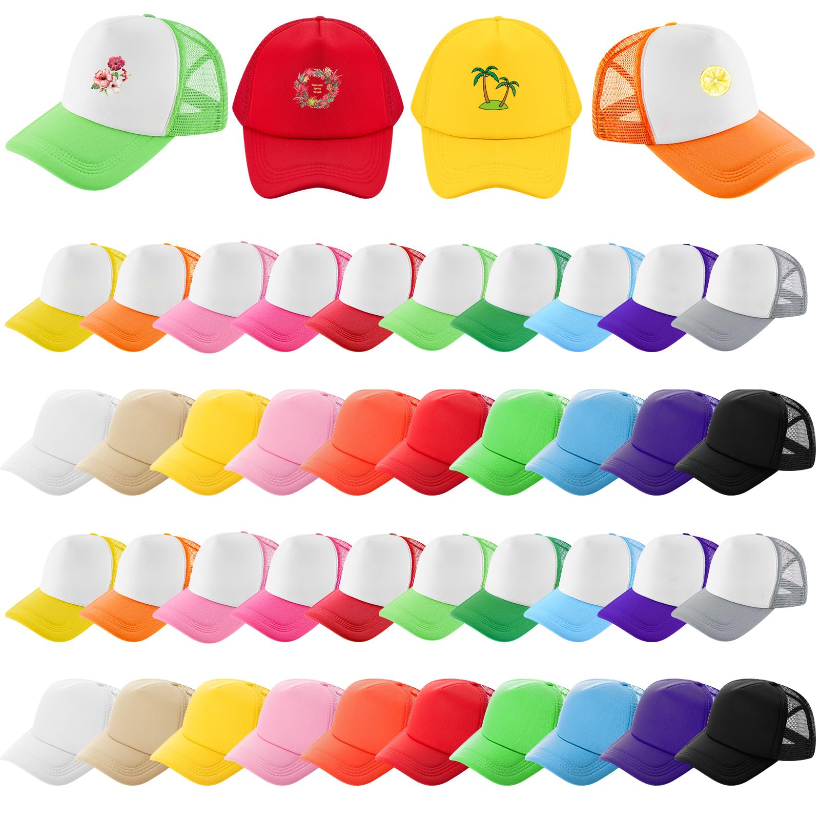 Photo 1 of Hercicy 40 Pack Sublimation Blank Trucker Hat Bulk Wholesale Mesh Baseball Cap for Women Men DIY Hat Bar Party(Multiple Colors)