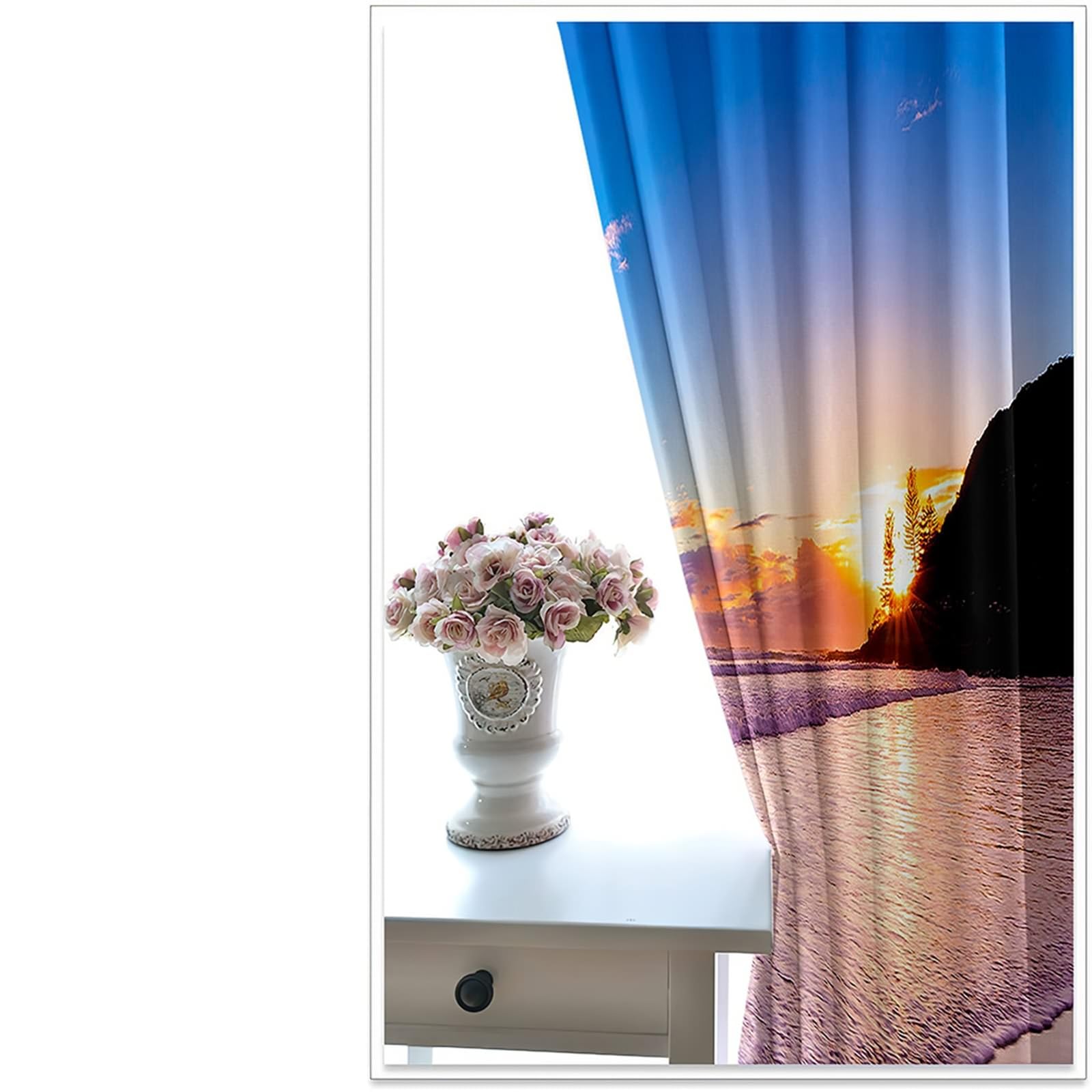 Küchenvorhänge Landhausstil, 96x229cm Orange Blau Sonnenuntergang Meer Vorhang für Schlafzimmer