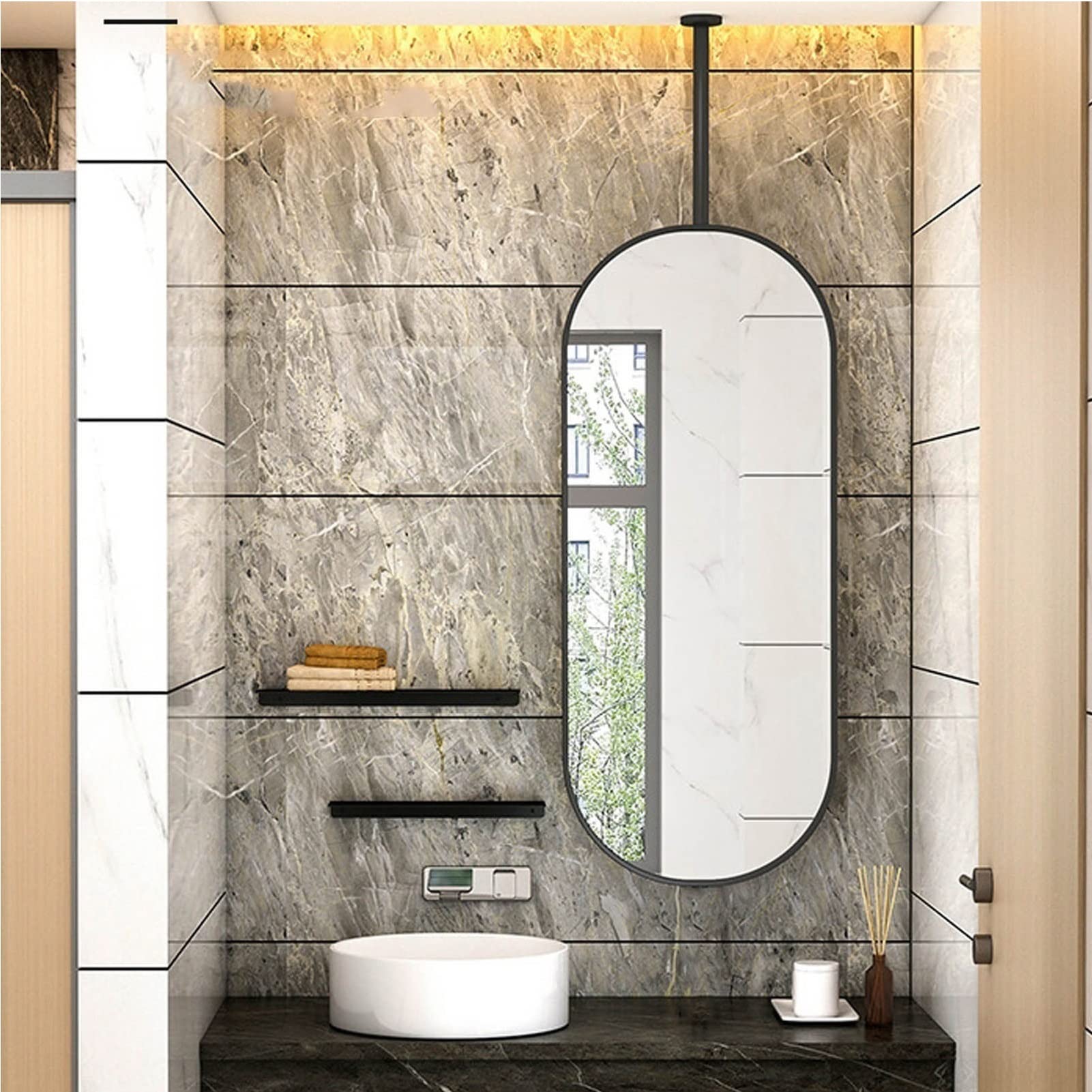 Specchio da toeletta sospeso sospeso, specchio decorativo da parete ovale per bagno Specchio da barba per trucco con struttura in metallo e asta a soffitto, nero (dimensioni : 40cmx70cm)