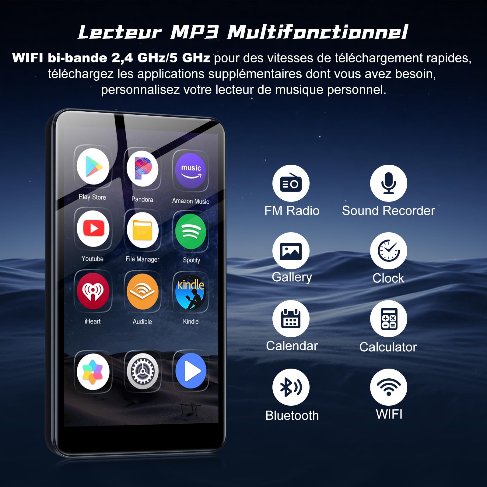160 GB Lettore MP3, Lettore MP3 con Bluetooth e WiFi, 4,02" Full Touch Screen, Lettore MP4 Android 13.0, Lettore musicale portatile Hi-Fi, Audible, Deezer, Amazon Music, Play Store