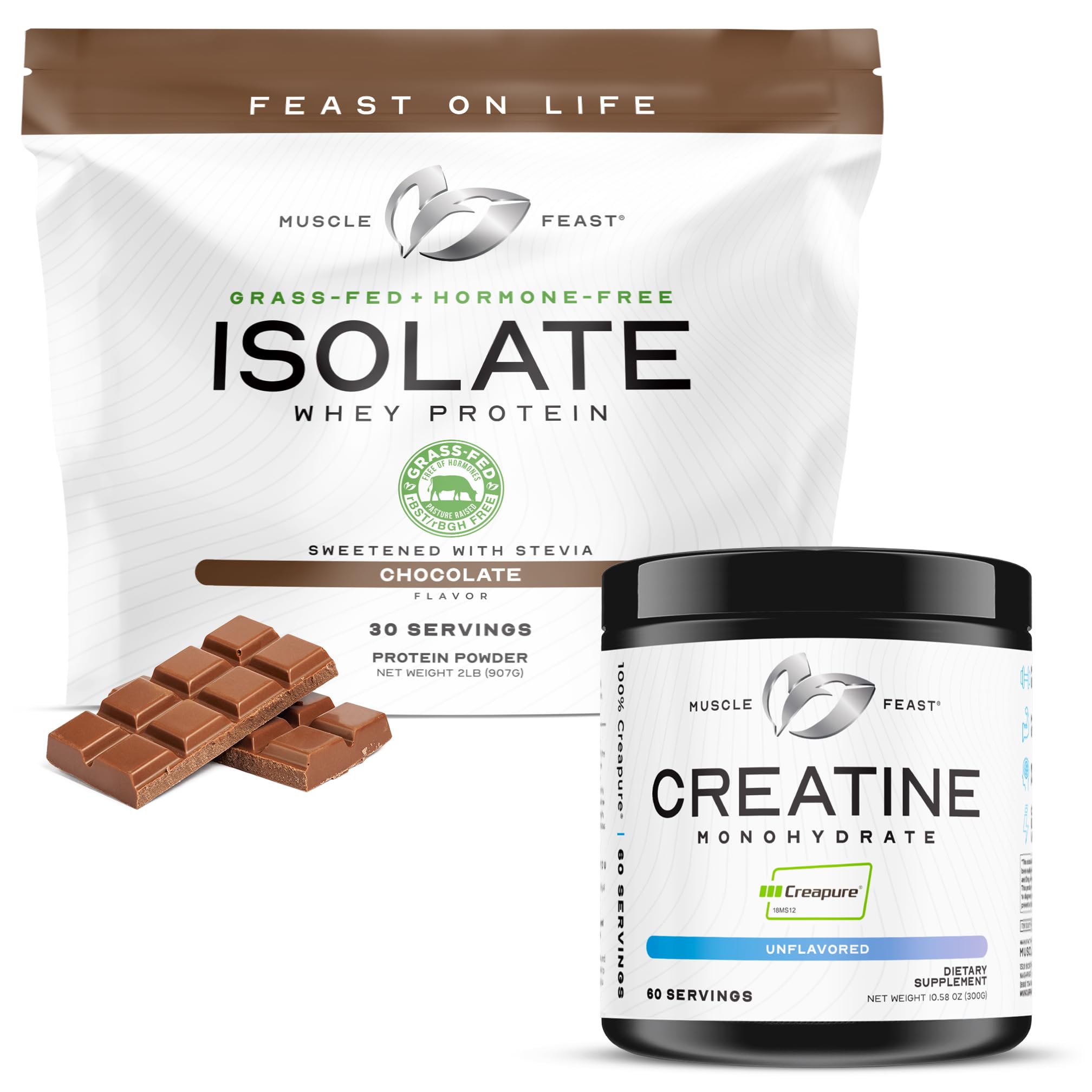 Muscle Feast Isolate + Creatine Bundle: 1 Whey Protein Isolate (Chocolate, 2lb) + 1 Creatine Powder (Unflavored, 300g) | Premium Supplements, Vegetarian, Gluten