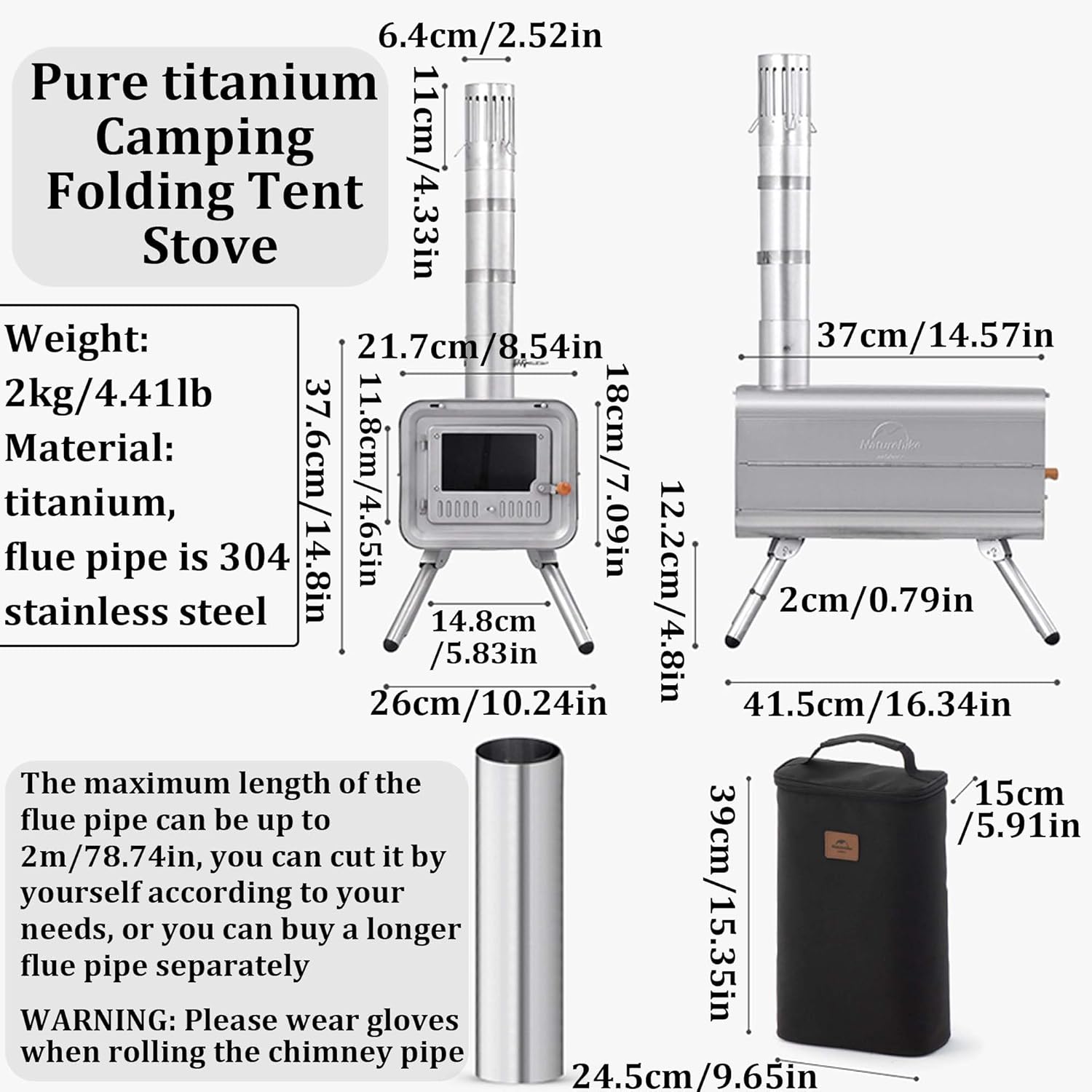 Naturehike Pure titanium Camping Folding Tent Stove 4.41 lbs, Portable Wood Burning Stove with Chimney Pipes, for Outdoor Cooking and Heating Backpacking Stove Outdoor Camping Hiking