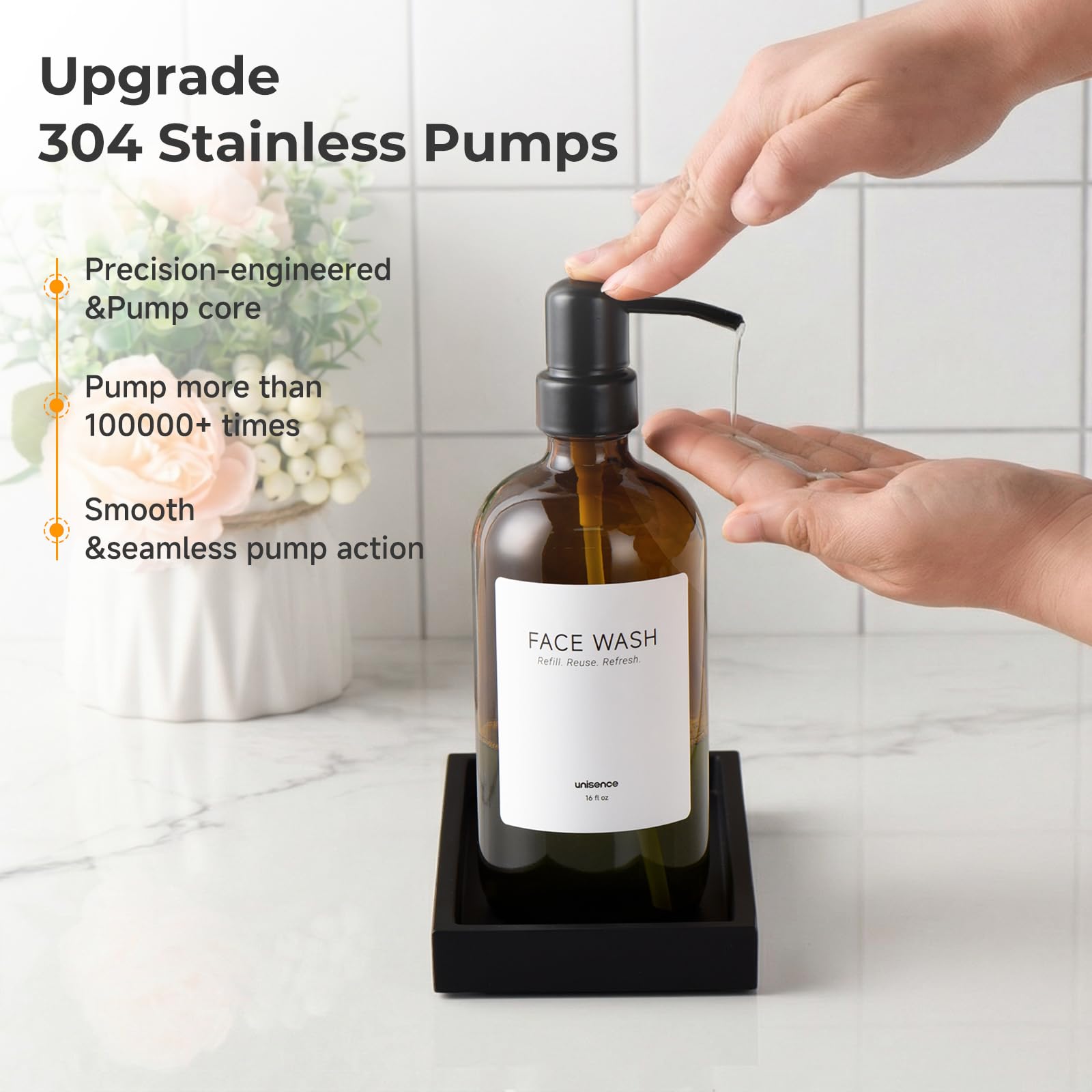 Set dispenser di sapone in vetro per cucina, dispenser di sapone per mani e piatti, con pompa in acciaio inossidabile e vassoio in resina, dispenser di sapone da banco ricaricabile moderno per cucina