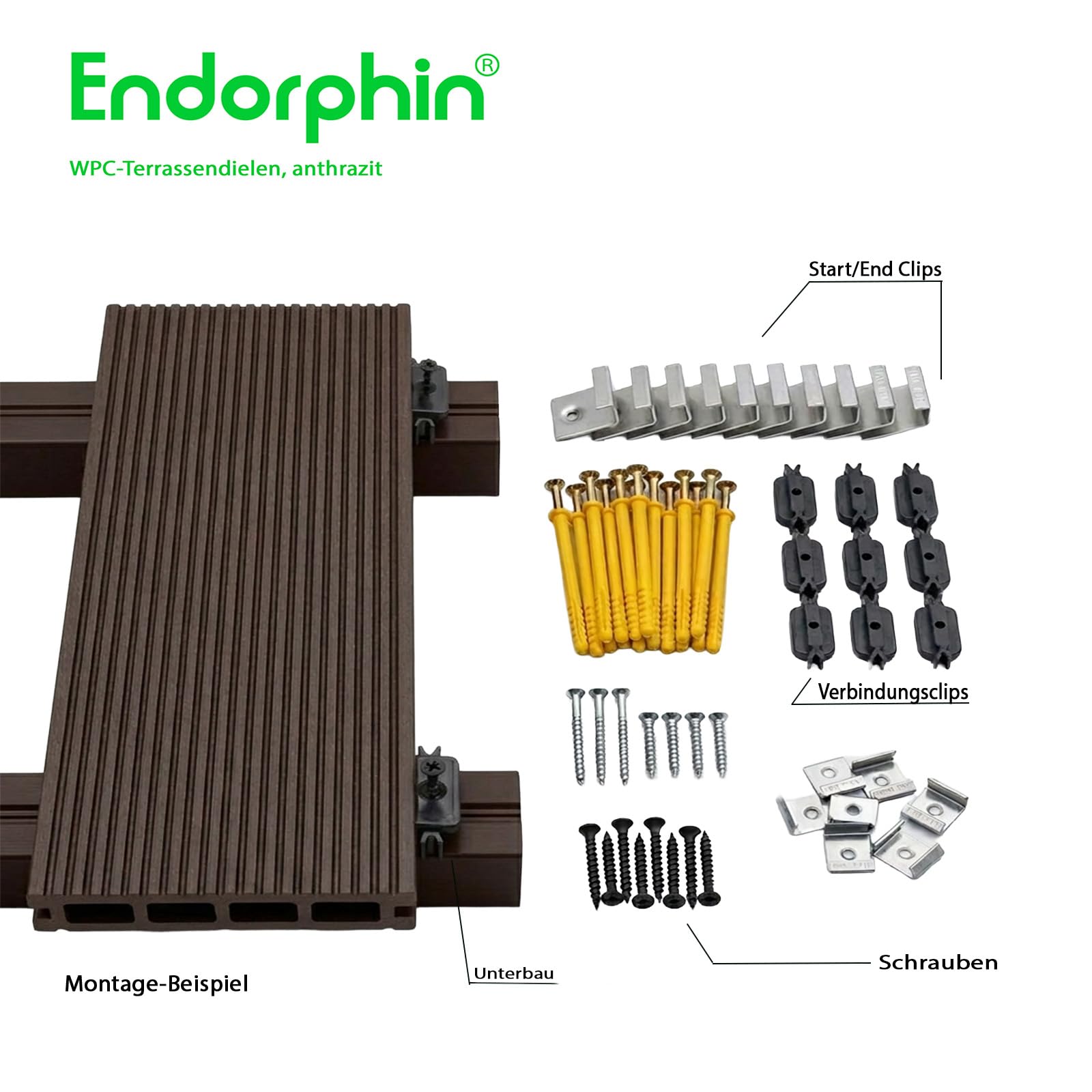 Endorphin® WPC Terrassendielen Komplettset 2-50m² Anthrazit - Mit Unterkonstruktion & Clips – WPC Dielen Wetterfest Pflegeleicht Dielenlänge 220cm (36qm)