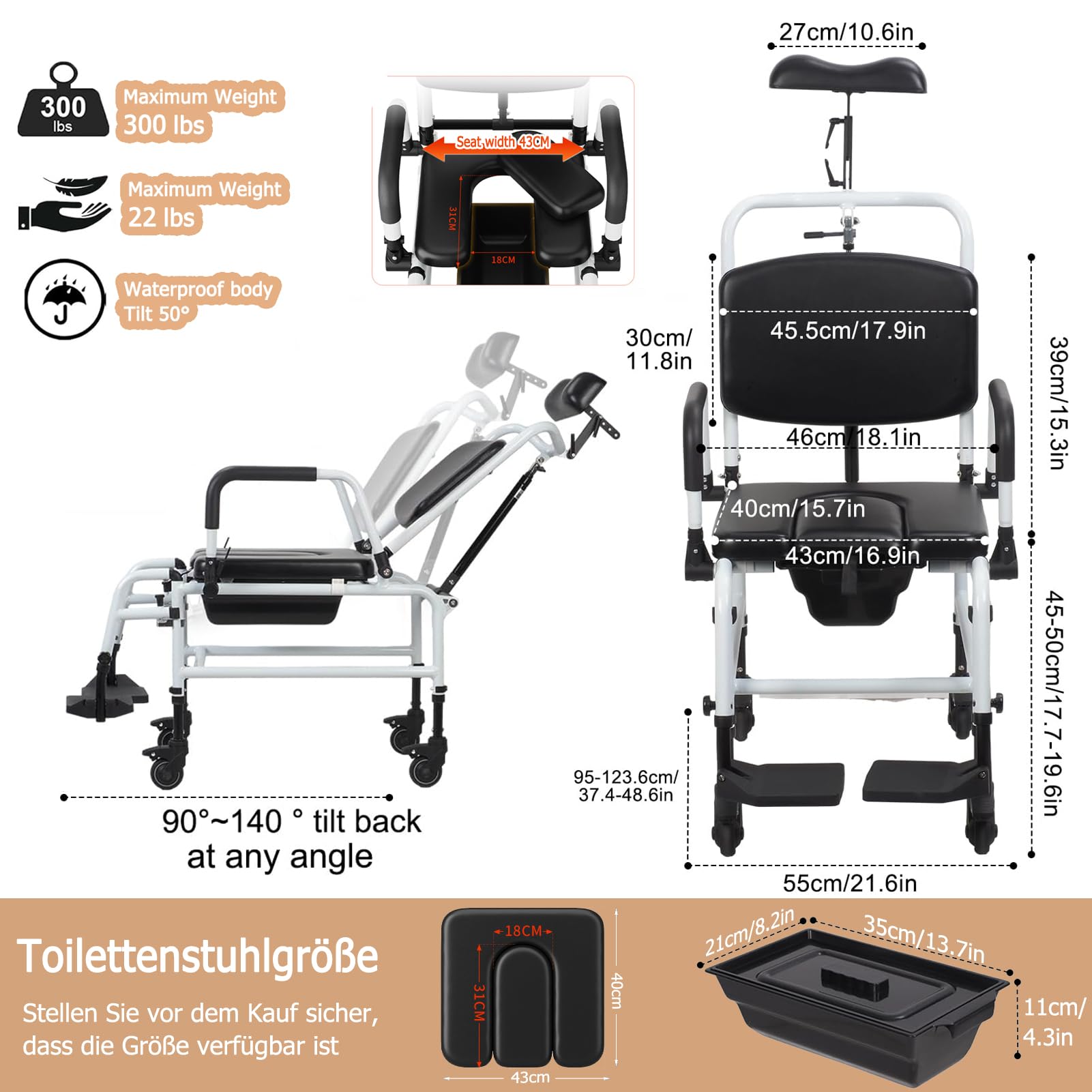 NJUN Duschrollstuhl mit Liegefunktion, Fahrbar Toilettenstuhl für Senioren, Toilettenrollstuhl Fahrbar mit Feststellbare Rollen, Verstellbarer Rückenlehne, Kopfstütze und Toiletteneimer