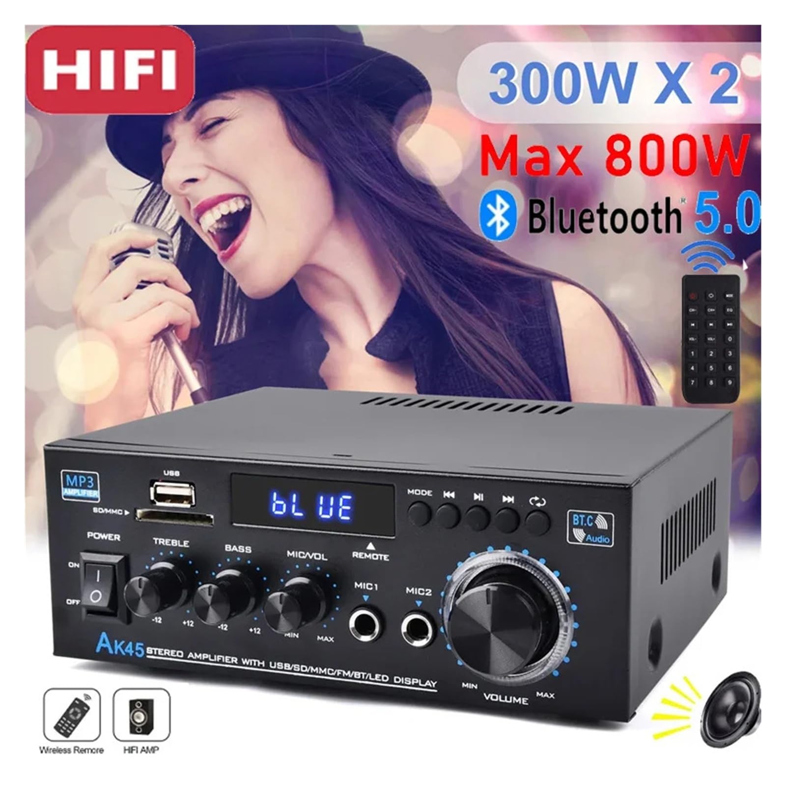 Wzmacniacz audio, Wzmacniacz mocy Bluetooth 5.0 300WX2 Wyjście maks. 800W Subwoofer Hi-Fi stereo do samodzielnego montażu