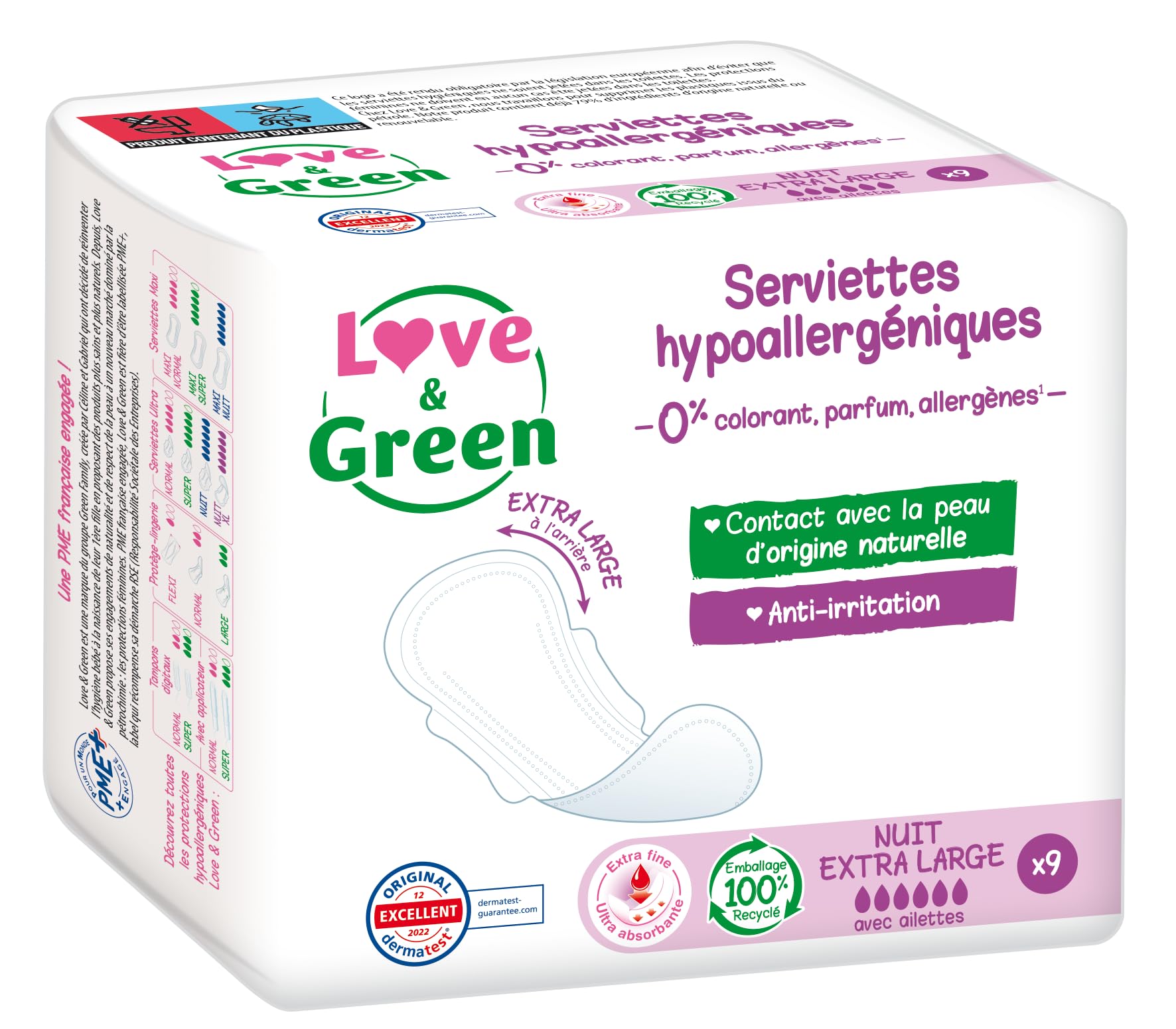 Love & Green Serviettes hygiéniques, écologiques et hypoallergéniques - certifiées Ecolabel et Dermatest - "​NUIT EXTRA LARGE" x 9 : Sans colorant, parfum, allergènes