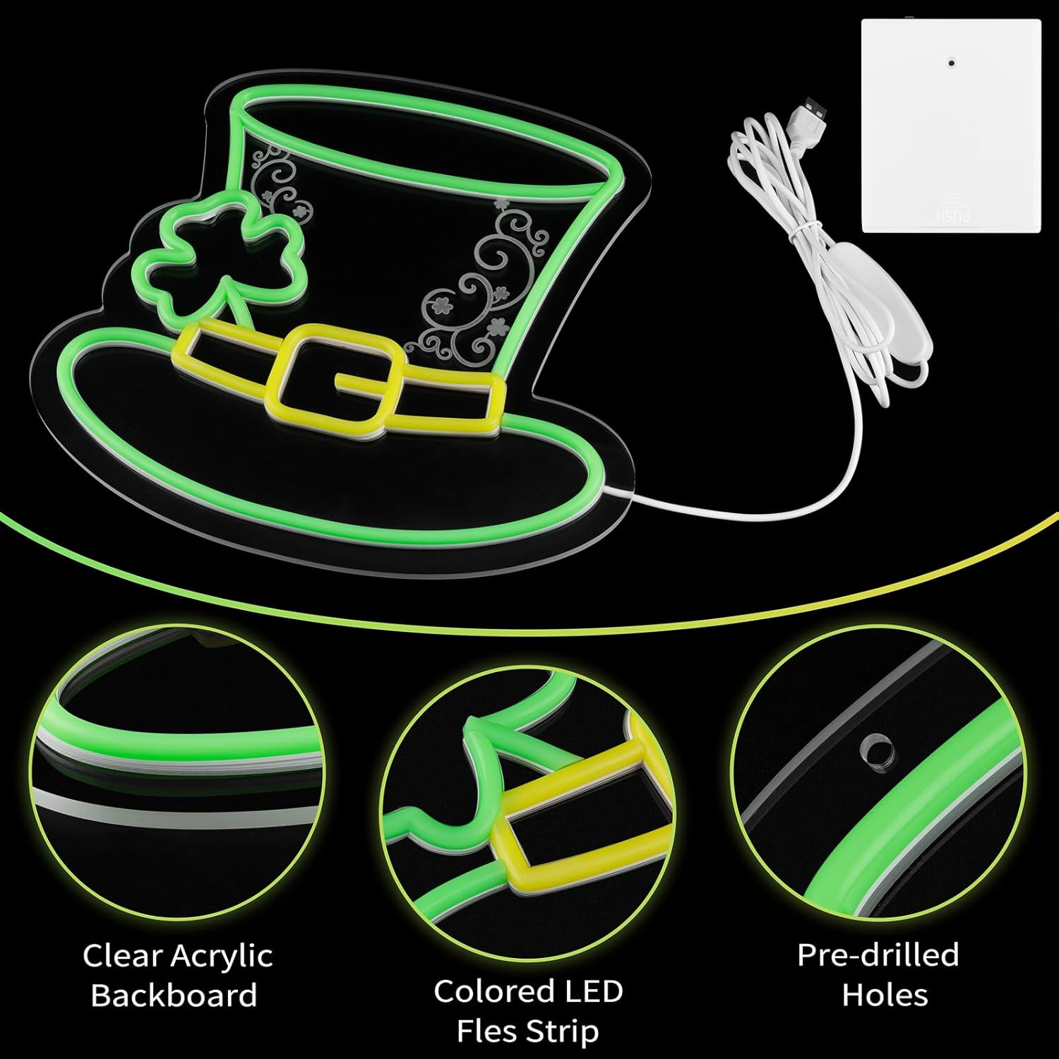 MissAudrey St. Patrick's Day Hat Neon Sign for Wall Decor, Decorations Hat Neon Signs Green Acrylic St. PatrickDay Art Wall Decor, 5V USB Powered Neon Sign Hanging for Window Wall Table Bedroom Man Cave Bar Pub Club Party