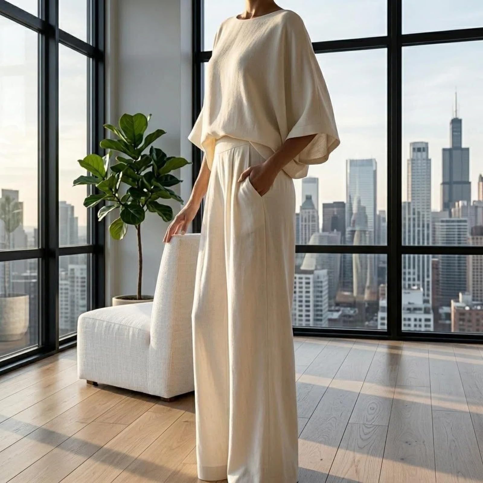 Generisch Women 's Summer Linen Set Solid Color Two Piece Loungewear mit Rundhalsausschnitt Flared Sleeve Top und Wide Leg Pants.