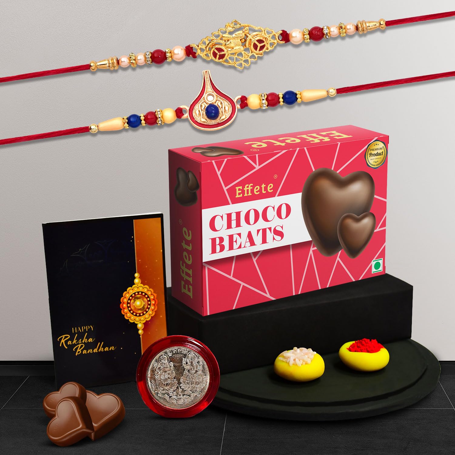 DeoDap Multicolor Bracelet/ Rakhi (K2_300+301_CB32) & Effete Chocolate Combo with Silver Color Pooja Coin, Roli Chawal & Greeting Card | Occasion | Rakhi for brother with gift | Rakhi with chocolate |rakhi combo for brother | Set of 2 Rakhi | Rakhi Chocolate Gift combo|-image-23