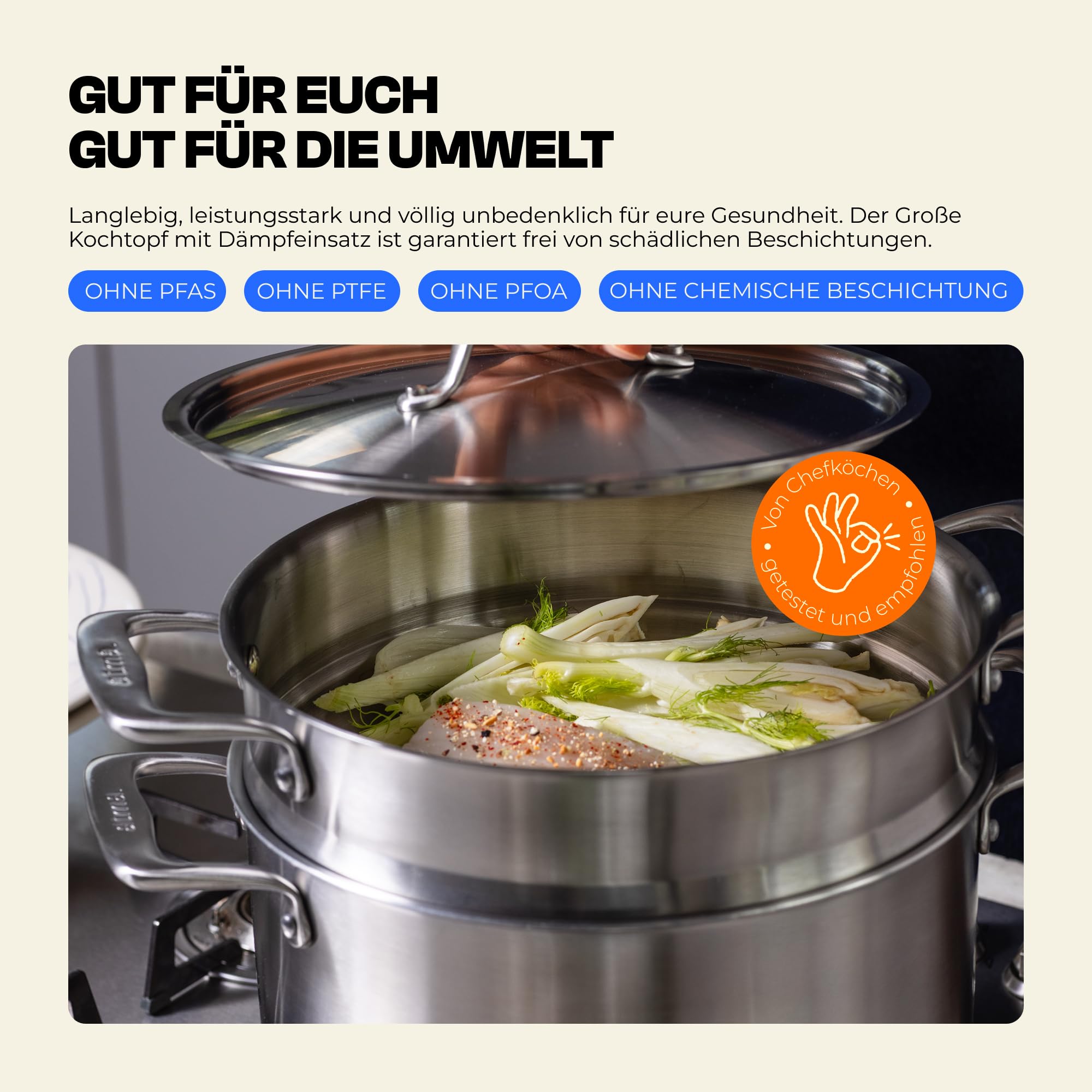 Garnek do gotowania 24 cm 6 l z wkładką do gotowania na parze – 3-warstwowy Inox 18/10- zdrowa kuchnia bez powłoki nieprzywierającej – bez PFAS/PTFE/PFOA – nadaje się do mycia w zmywarce i do kuchenek